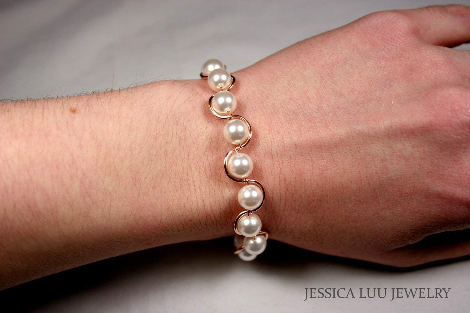 Rose Gold White Pearl Bracelet - Handmade Wire Wrapped Jewelry for Women, Elegant Gift for Birthday, Anniversary & Special Occasions - Perfect for Weddings, Parties & Everyday Wear