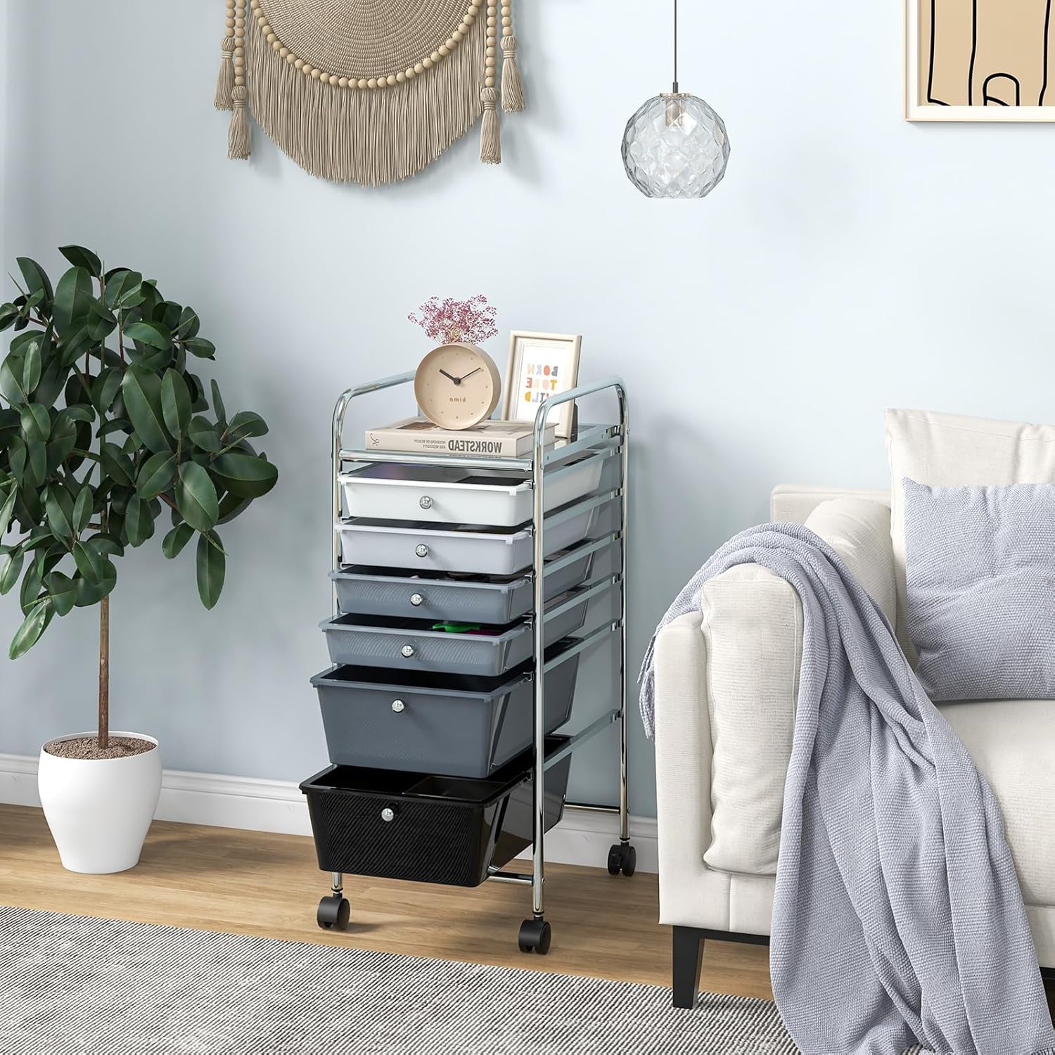 LDAILY 6-Drawer Rolling Storage Cart with Lockable Wheels - Multifunctional Mobile Organizer for Office, School & Home - Gradient Grey - Perfect for Classroom Supplies, Craft Storage & Kitchen Organization