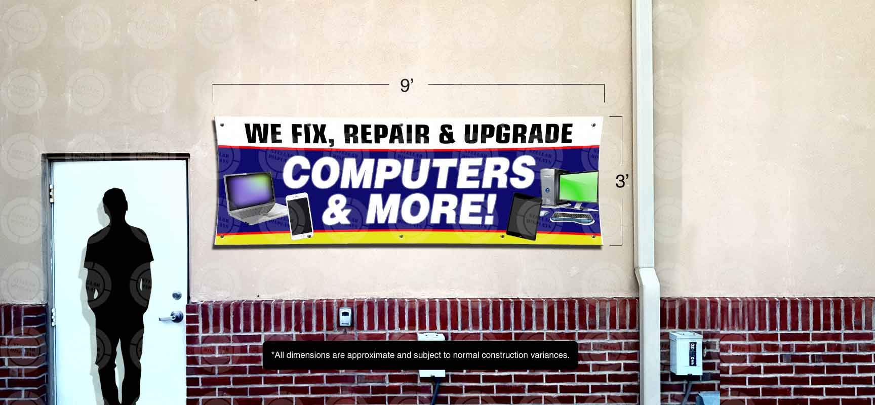 WE FIX Computer Repair & Upgrade Services Banner (3ft x 9ft) - Custom PC & Cell Phone Shop Open Sign - Perfect for Storefronts, Tech Repair Shops & Electronics Businesses