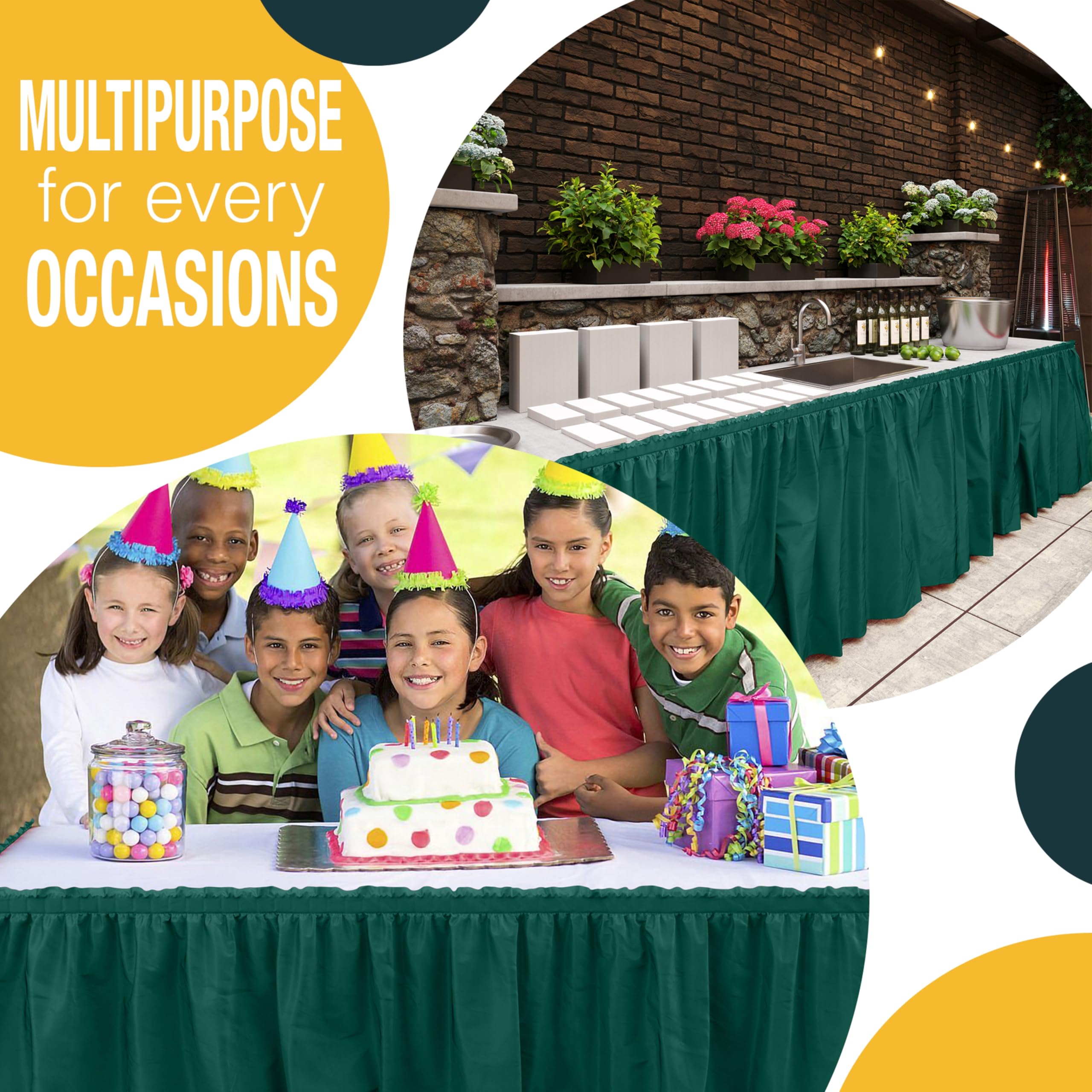 Dark Green Ruffle Table Skirt 6 Pack - 14 Ft Long Table Cover for Rectangle & Round Tables (6ft+) with Adhesive Strip | Perfect for Gender Reveal Decorations, Birthday Parties, Baby Showers & Wedding Receptions
