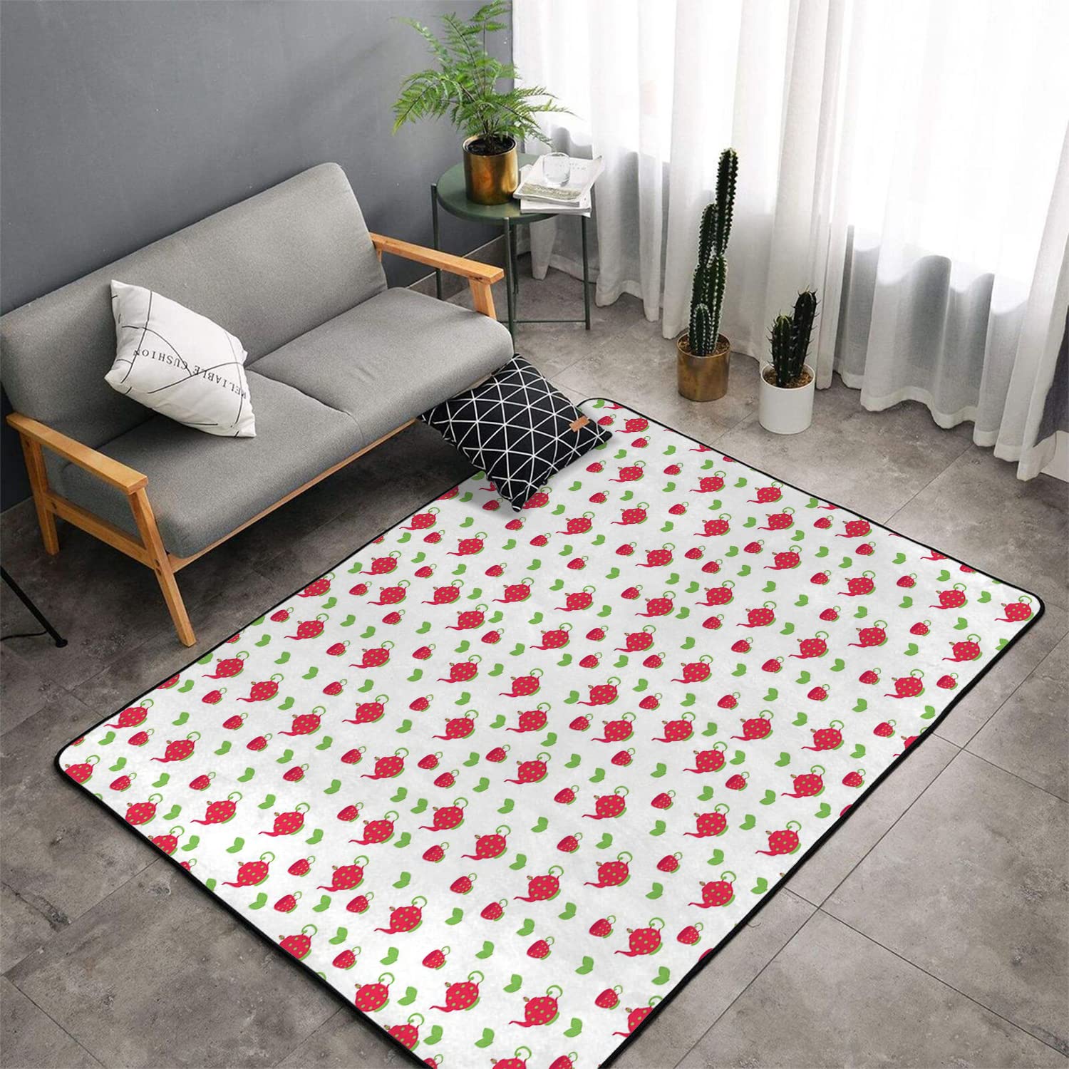 Modern Tea Party Area Rug - British Design with Teapots, Polka Dots & Leaves Pattern - 71x83 Inch Dark Coral Green Decorative Rug for Living Room & Bedroom - Perfect for Tea Lovers, Vintage Home Decor & Cozy Gatherings
