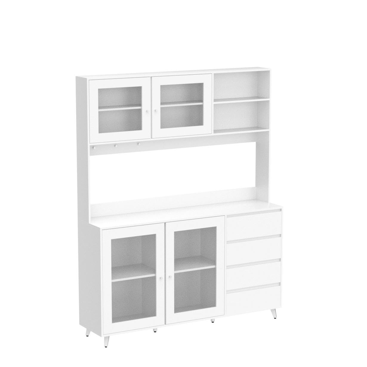 White Large Kitchen Hutch Cabinet with 4 Glass Doors & 4 Drawers - 63