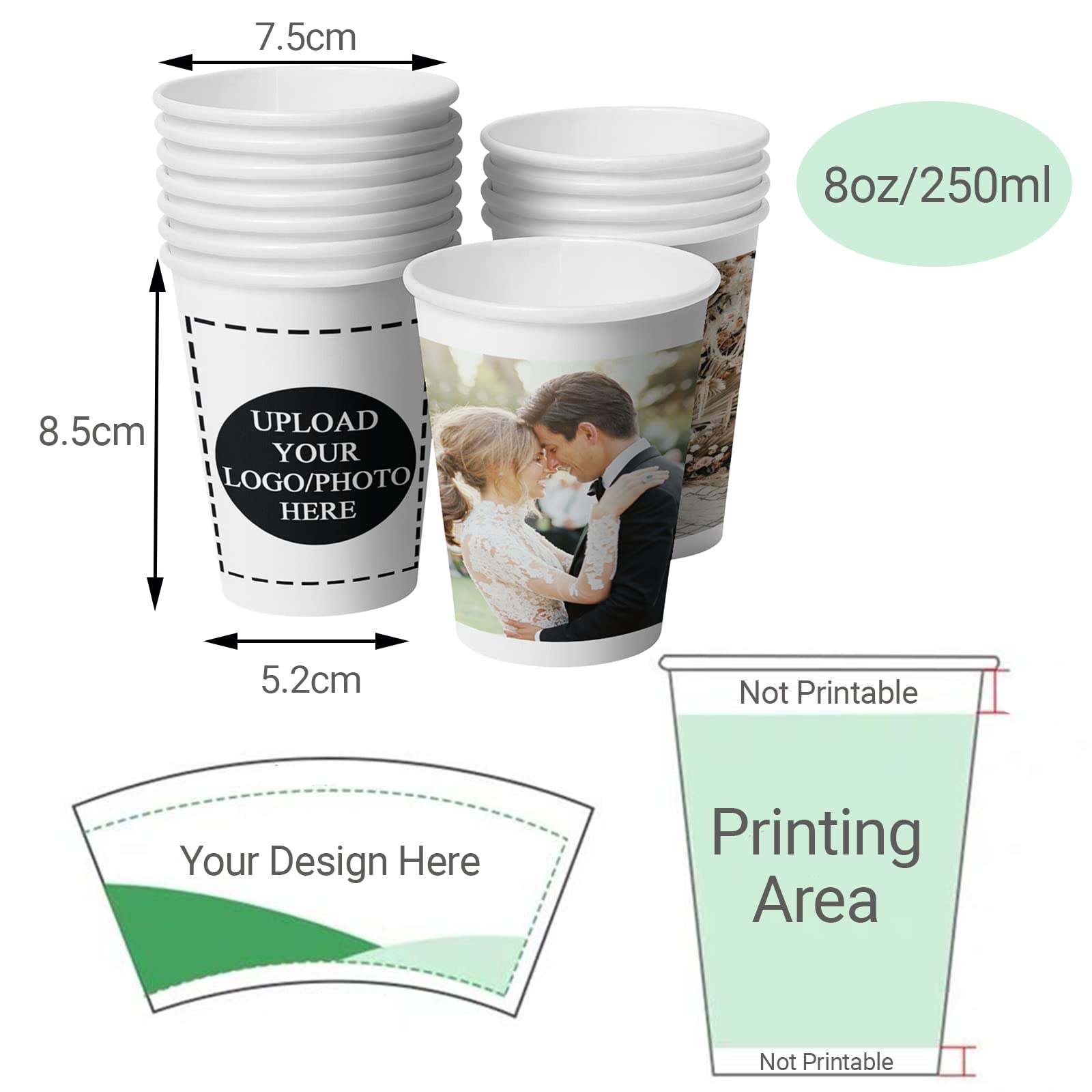 Custom Printed Paper Cups 8oz - Personalized Disposable Cups with Photo/Logo/Text - Bulk 500 Pack for Coffee Shops, Offices, Weddings & Events - Eco-Friendly Party Supplies