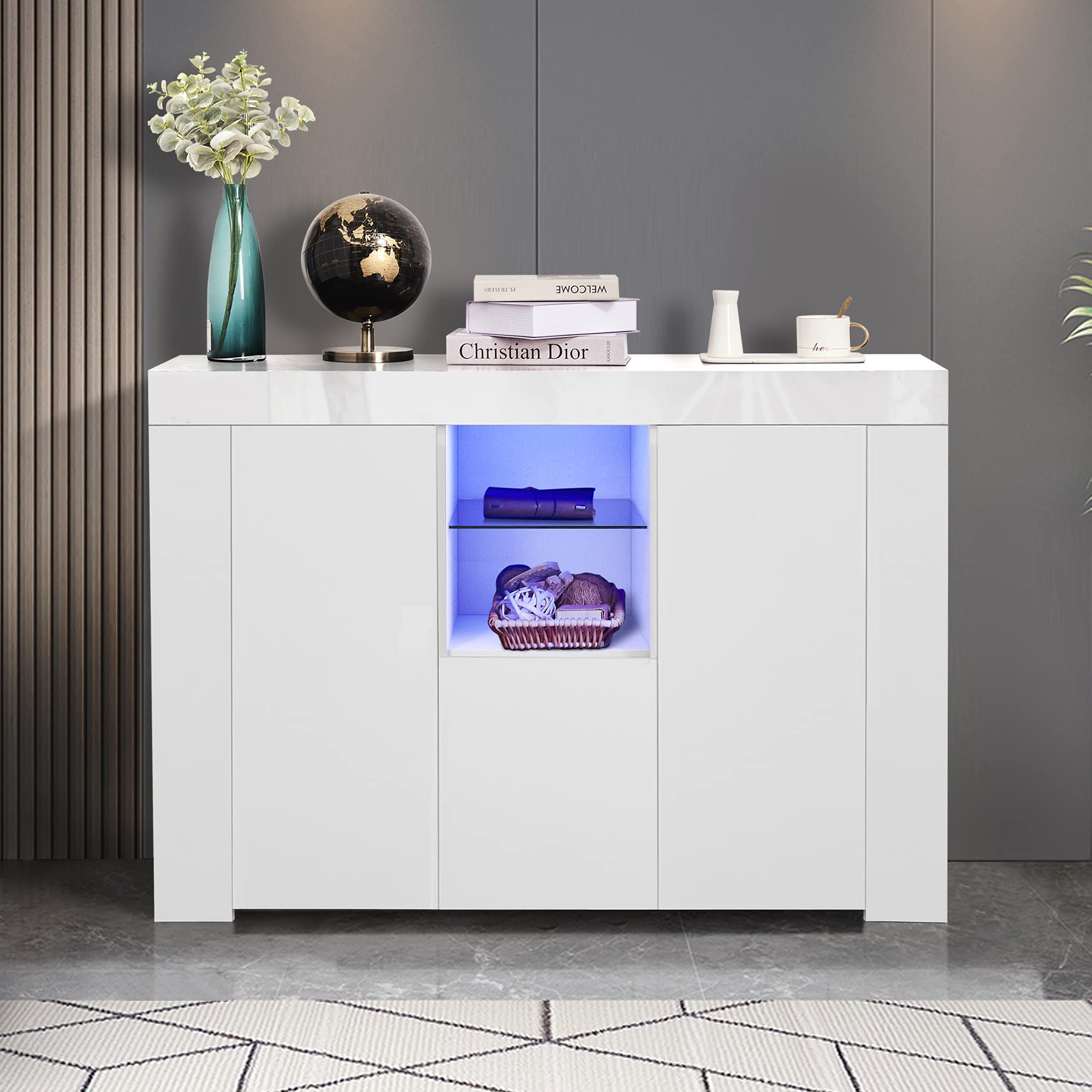 SHAKEN White High Gloss Kitchen Sideboard Cabinet with LED Lights - Modern Buffet Storage Unit with 2 Doors & Drawers for Dining Room, Living Room, Hallway or TV Stand - Perfect for Displaying Decor, Storing Dishes & Organizing Home Essentials