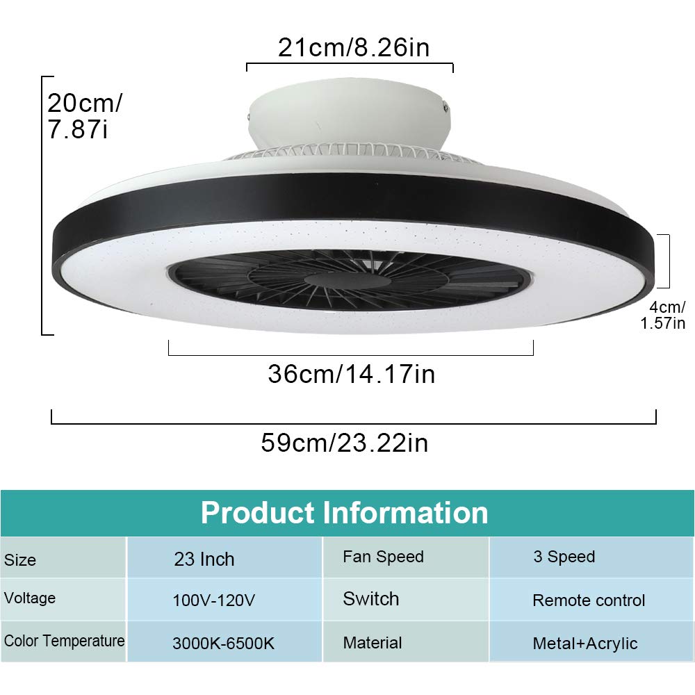 DLLT Modern Ceiling Fan with Light, 40W LED Dimmable Remote Control, 7 Invisible Blades Semi-Flush Mount, 3-Speed Low Profile Indoor Ceiling Fan (3000K-6500K Adjustable Color Temperature, Reversible Motor) - Perfect for Bedroom, Living Room, Office and Kitchen