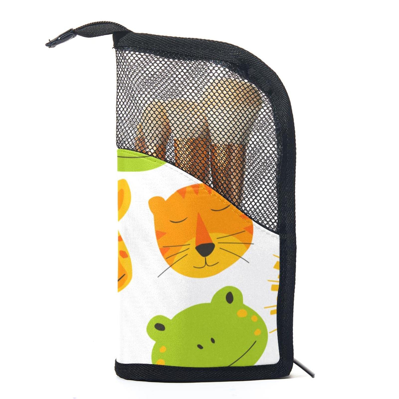 12-Piece Cartoon Animal Makeup Brush Organizer Bag - Tiger & Giraffe Design Portable Brush Holder Case | Perfect for Travel, Home Vanity & Professional Makeup Artists