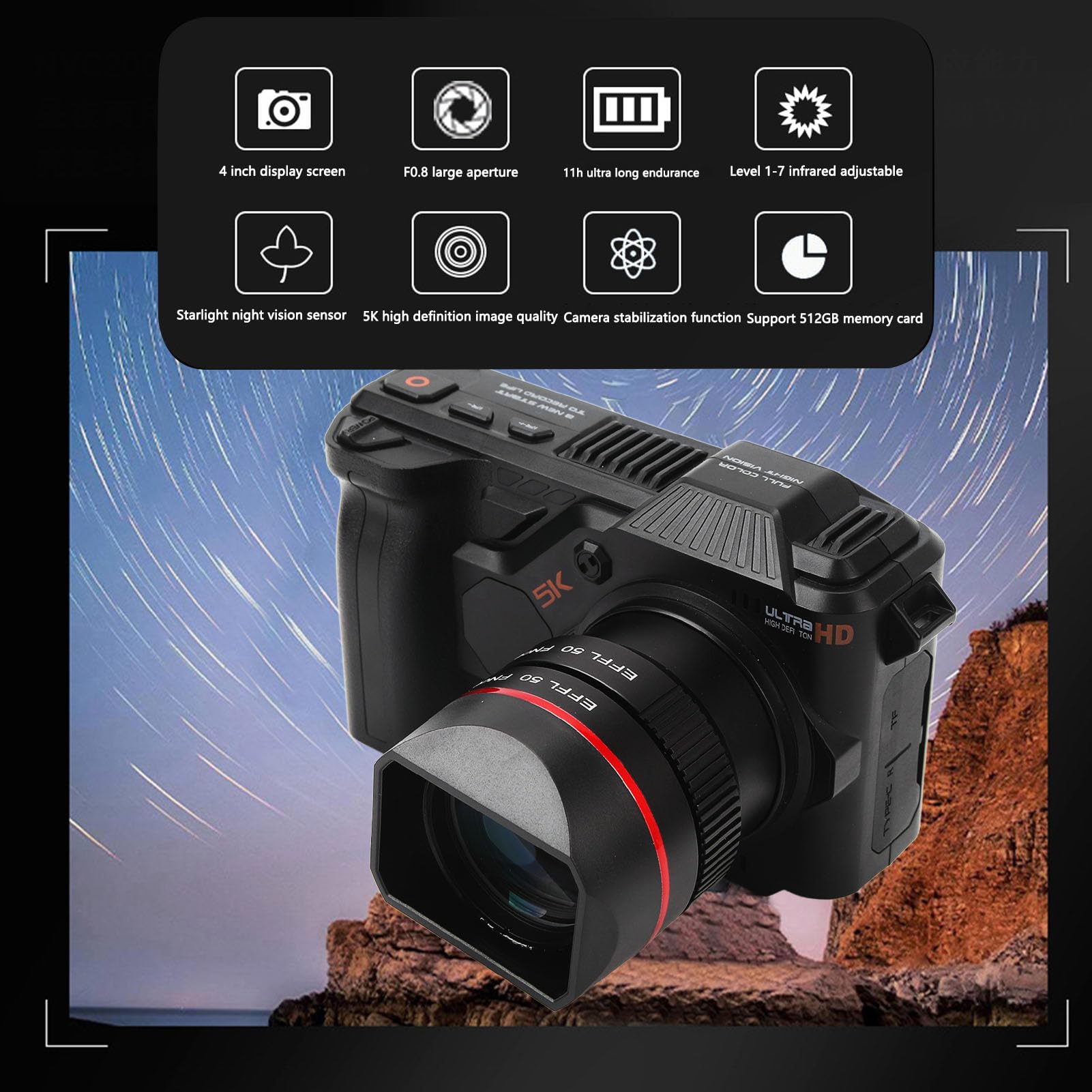5K Digital Camera, 50MP WiFi Vlogging Camera with 50X Digital Zoom, Night Vision Autofocus Anti-Shake Compact Camera with 4