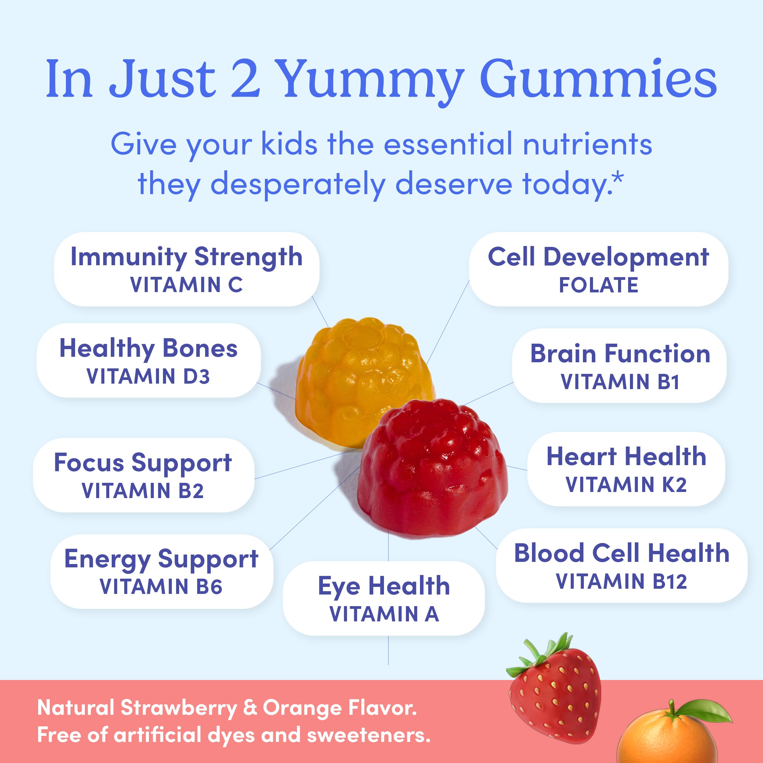 First Day Kids Multivitamin Gummies for Children Ages 4+ | Immune Support & Brain Function Vitamins | Strawberry & Orange Flavor with Real Fruit & Vegetables | 30 Day Supply | Perfect for School, Travel & Daily Nutrition