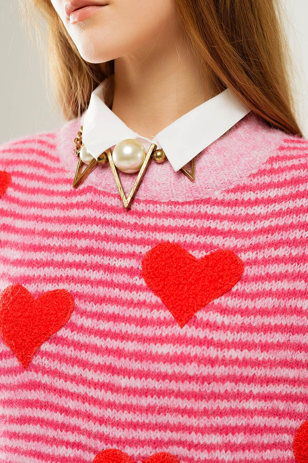 Pink Striped Pullover with Red Hearts - Cozy Casual Sweater for Women, Perfect for Valentine's Day, Date Nights & Winter Layering