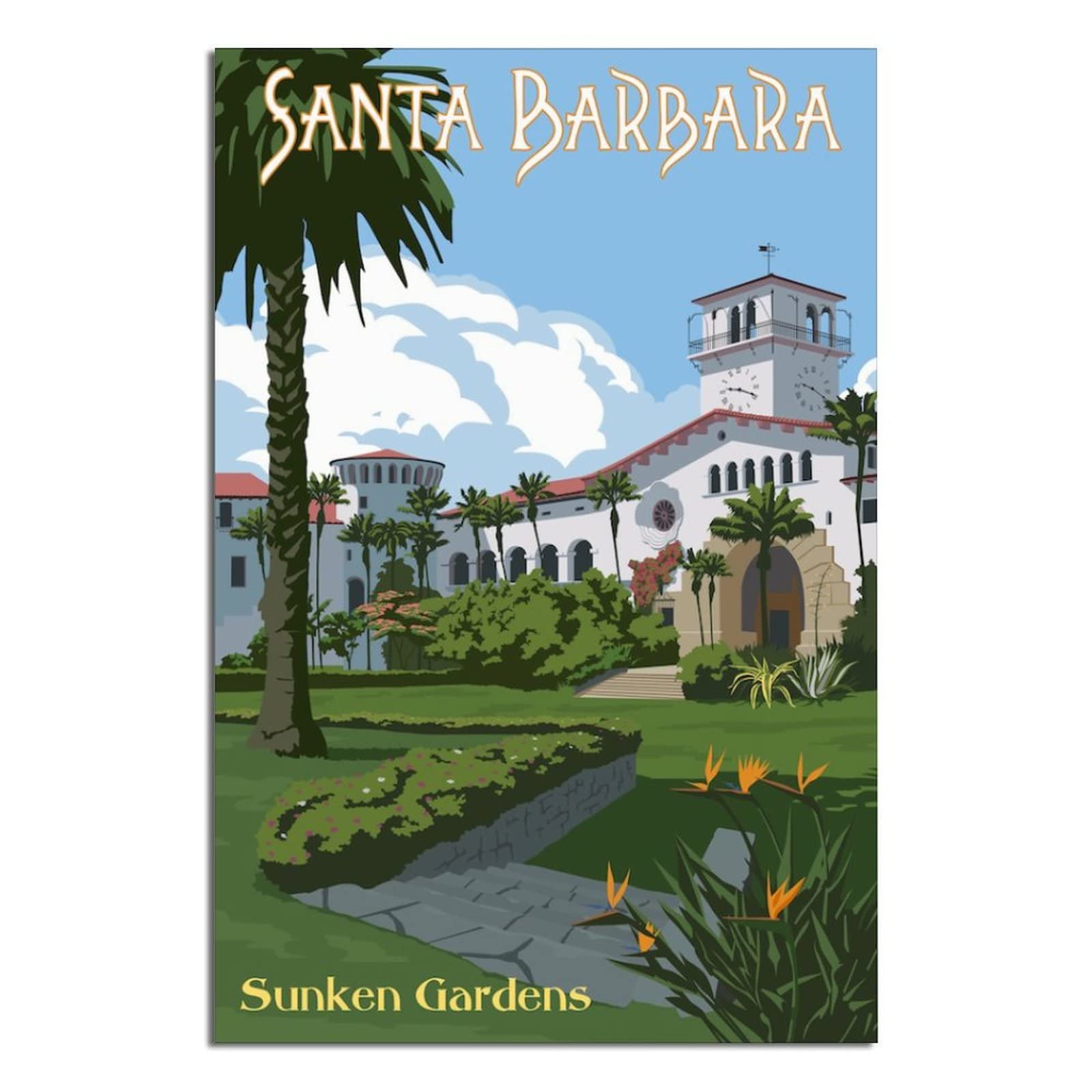 Vintage Santa Barbara Sunken Gardens Travel Posters - Modern Canvas Wall Art Prints for Living Room, Office, Bedroom & Home Decor - Perfect Gift for Travel Lovers & Wall Decor Enthusiasts (Beach House, Coastal Decor, Retro Style)