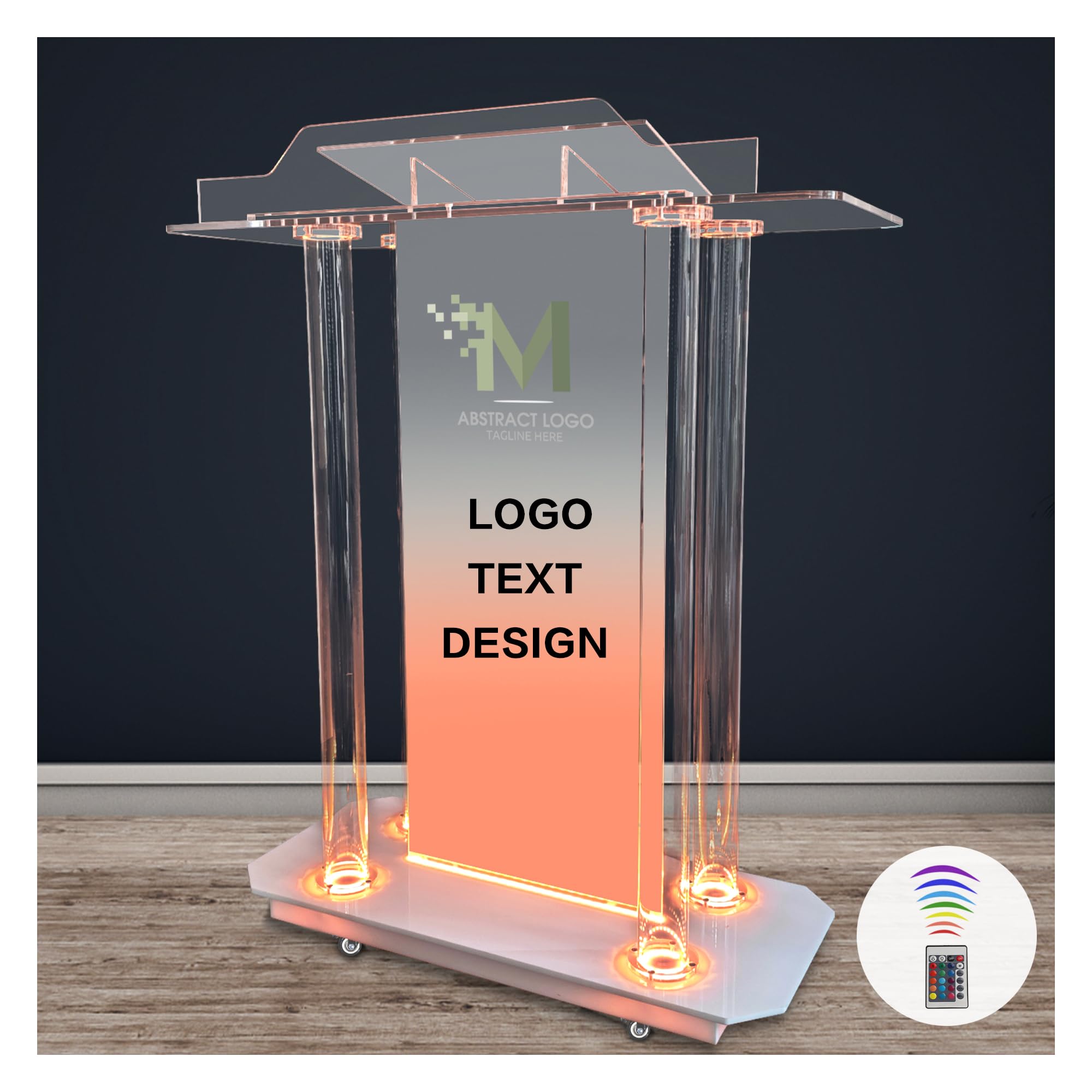 Custom Acrylic Podium Stand with LED Lights & Wheels - Personalized Church Pulpit with Engraved Logo - Portable Lectern for Office, Classroom & Events - Perfect for Sermons, Presentations & Public Speaking