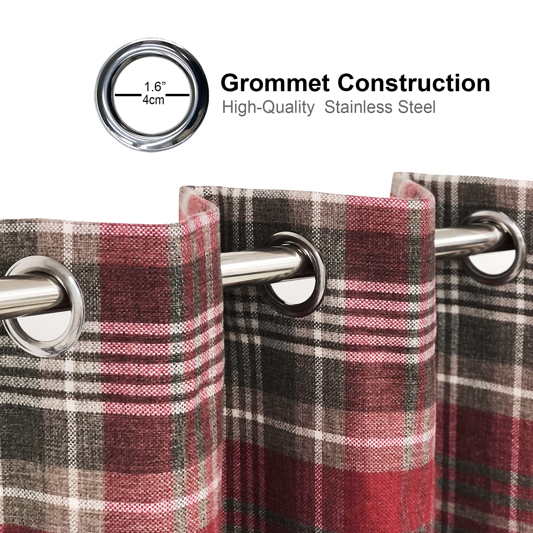 Always4u Red Plaid Grommet Curtains - Highland Woolen Look Tartan Drapes for Bedroom & Living Room - Checkered Grey & Red Window Panels (54x63 Inches) - Perfect for Cozy Winter Decor & Farmhouse Style Homes