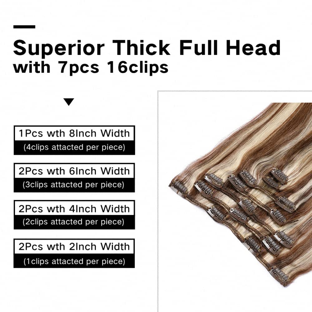 22 Inch Human Hair Clip-In Extensions - Balayage Chestnut Brown to Bleach Blonde Highlights | Soft Straight Thick Hair Wefts for Women | Perfect for Parties, Weddings & Daily Styling