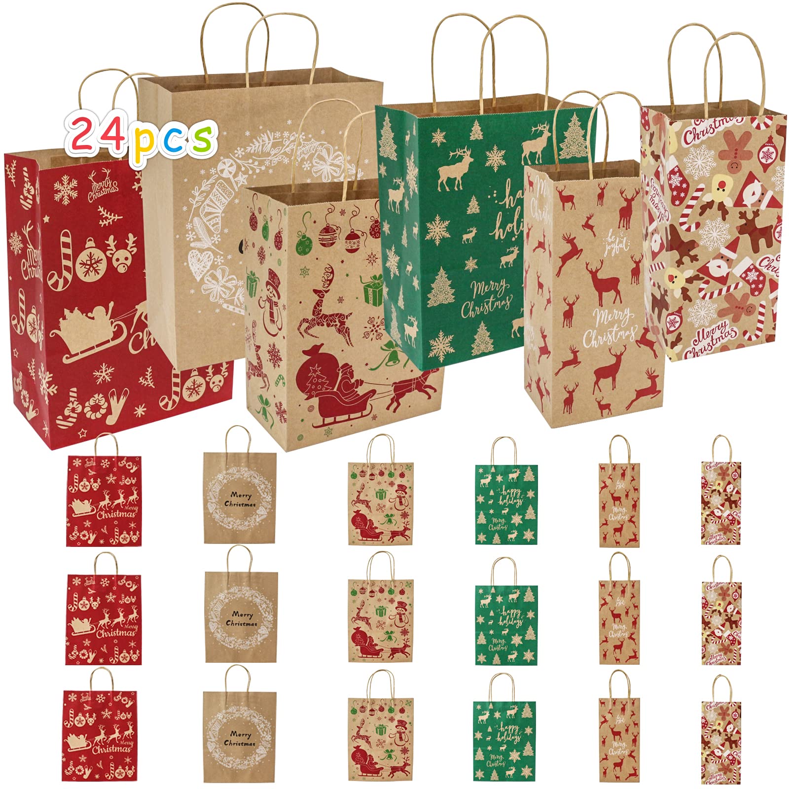 24-Pack Christmas Gift Bags Assorted Sizes - 8 Large, 8 Medium, 8 Small Kraft Holiday Gift Bags with Handles for Wrapping Presents - Perfect for Christmas Parties, Secret Santa & Holiday Gift Exchanges