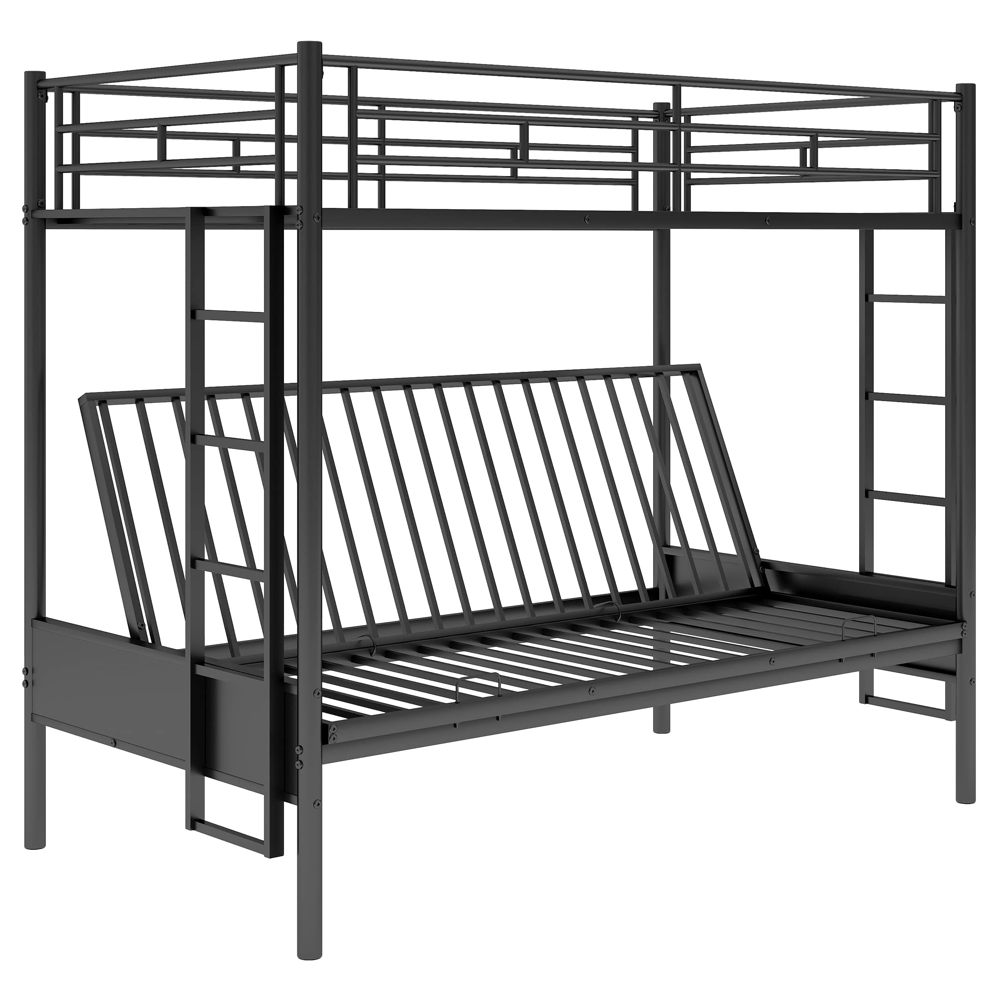 Twin Over Futon Metal Bunk Bed with Convertible Bottom - Twin Over Full Bunk Bed for Kids, Teens & Adults - Space-Saving Dorm Furniture in Black | Perfect for Small Bedrooms, Guest Rooms & College Dorms