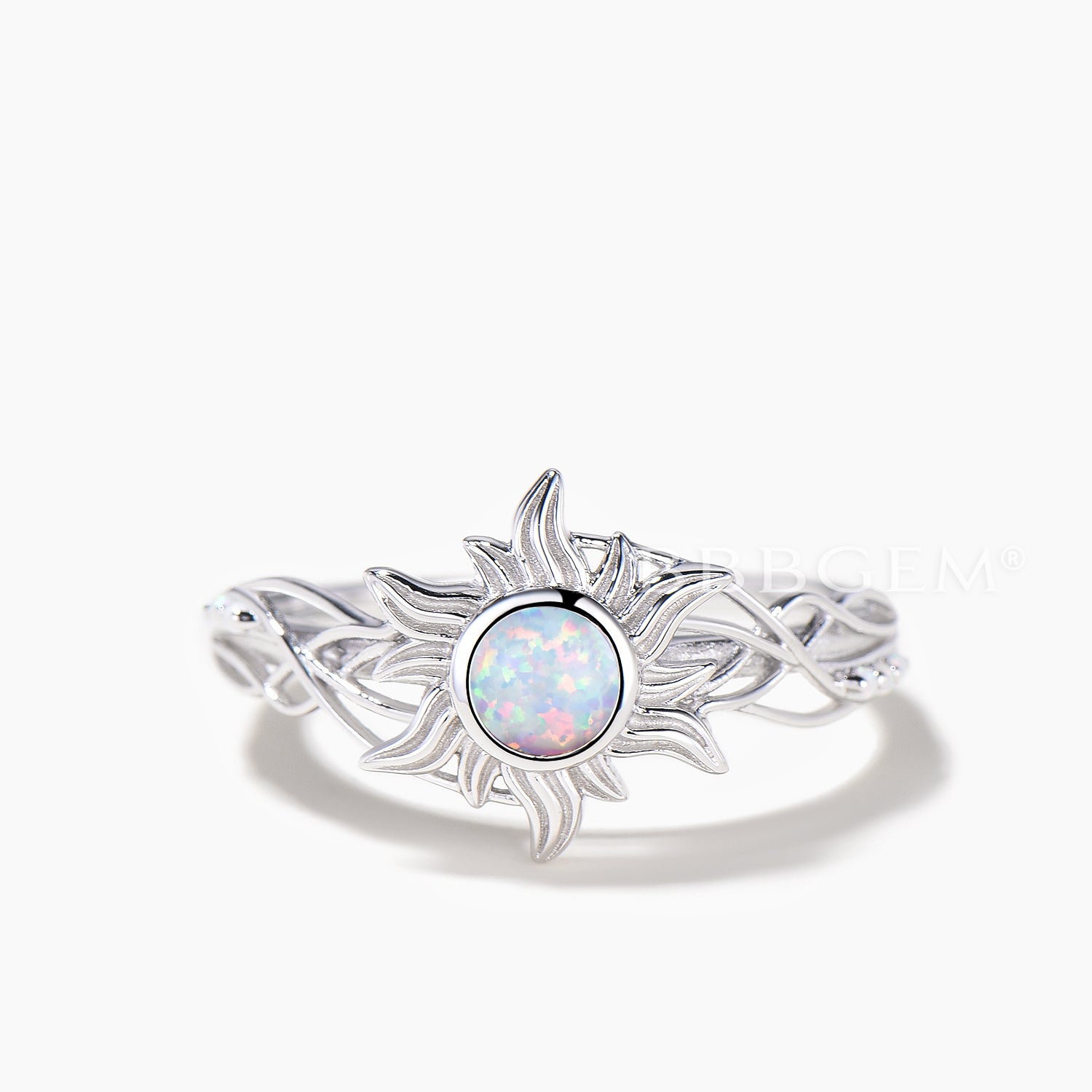 Round Cut White Opal Sun Engagement Ring - Bezel Setting Nature Inspired Wedding Band for Women - Perfect for Proposals, Anniversaries & Boho Chic Style
