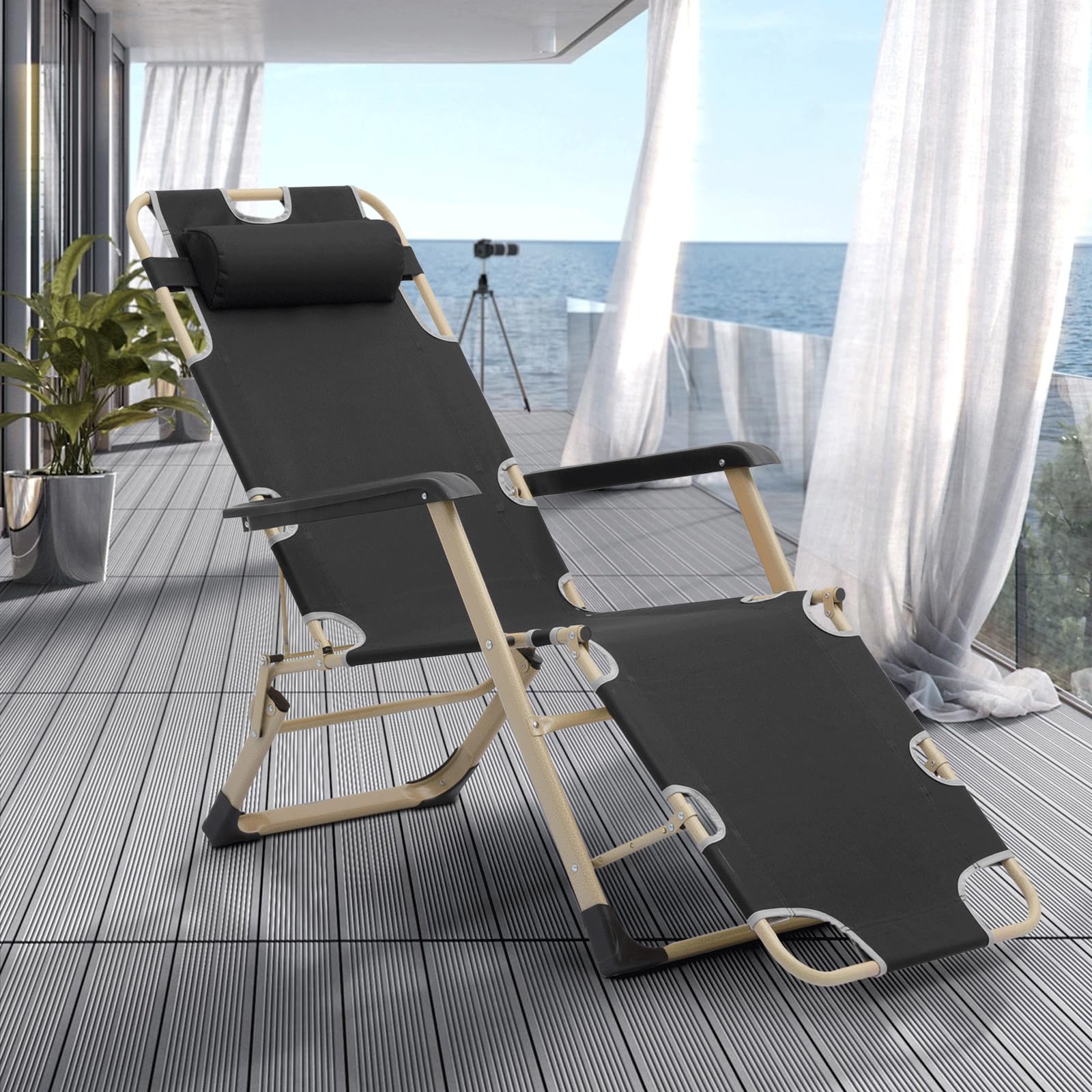 Magshion Patio Folding Lounge Chairs - Portable Outdoor Recliners with Adjustable Headrest & Anti-Slip Feet - 300 lbs Capacity Lawn Chairs for Deck, Beach, Yard, Poolside & Garden Relaxation (Black)