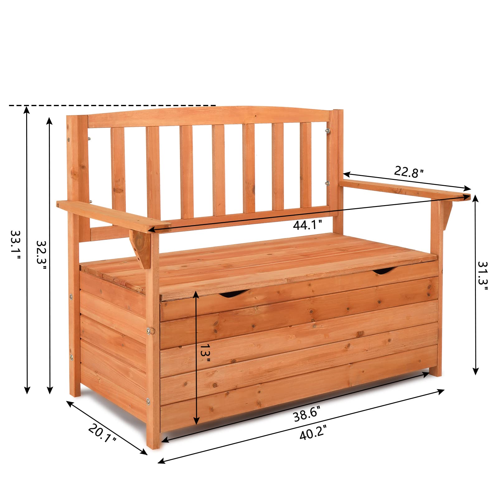 **44-inch Cedar Outdoor Storage Bench with Backrest & Armrests - Weatherproof Patio Seating & Deck Storage Box in Vibrant Orange-Red - Perfect for Garden, Porch & Backyard Organization**
