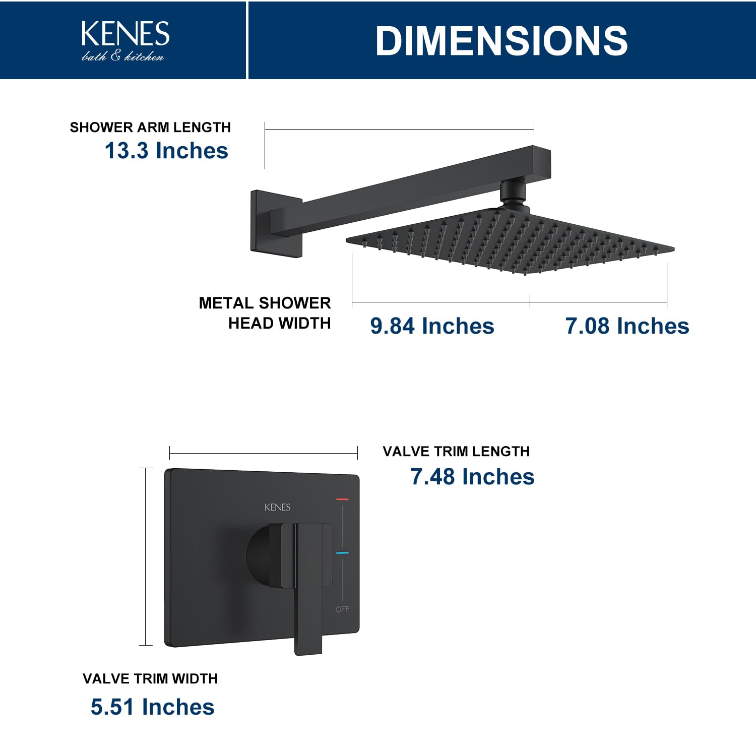 Kenes Matte Black Square Shower Faucet Set with Single-Spray Wall Mount Shower Head & Valve Included (Model KE-6024B-2) - Perfect for Modern Bathroom Renovations and Spa-Like Shower Experiences