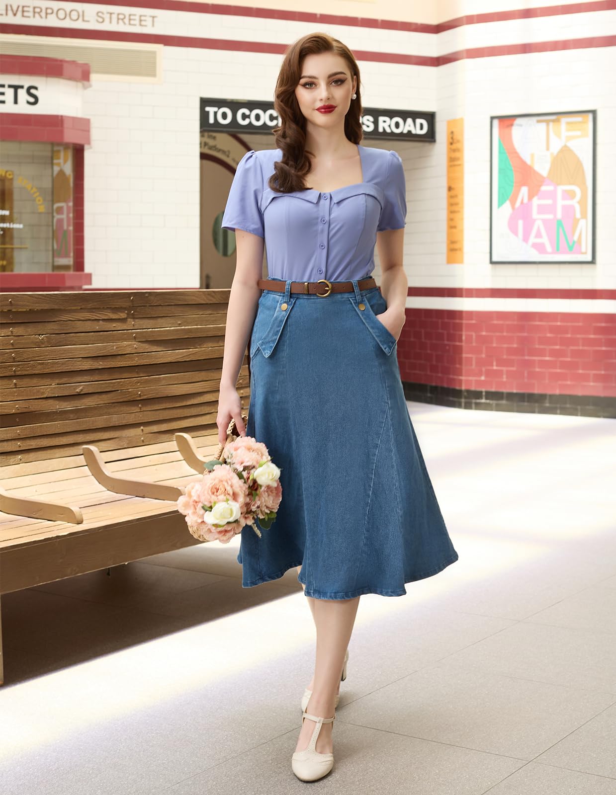 Belle Poque Women's Vintage High Waist Denim Skirt - Stretchy A-Line Long Maxi Jean Skirt with Pockets for Casual Outfits & Summer Fashion