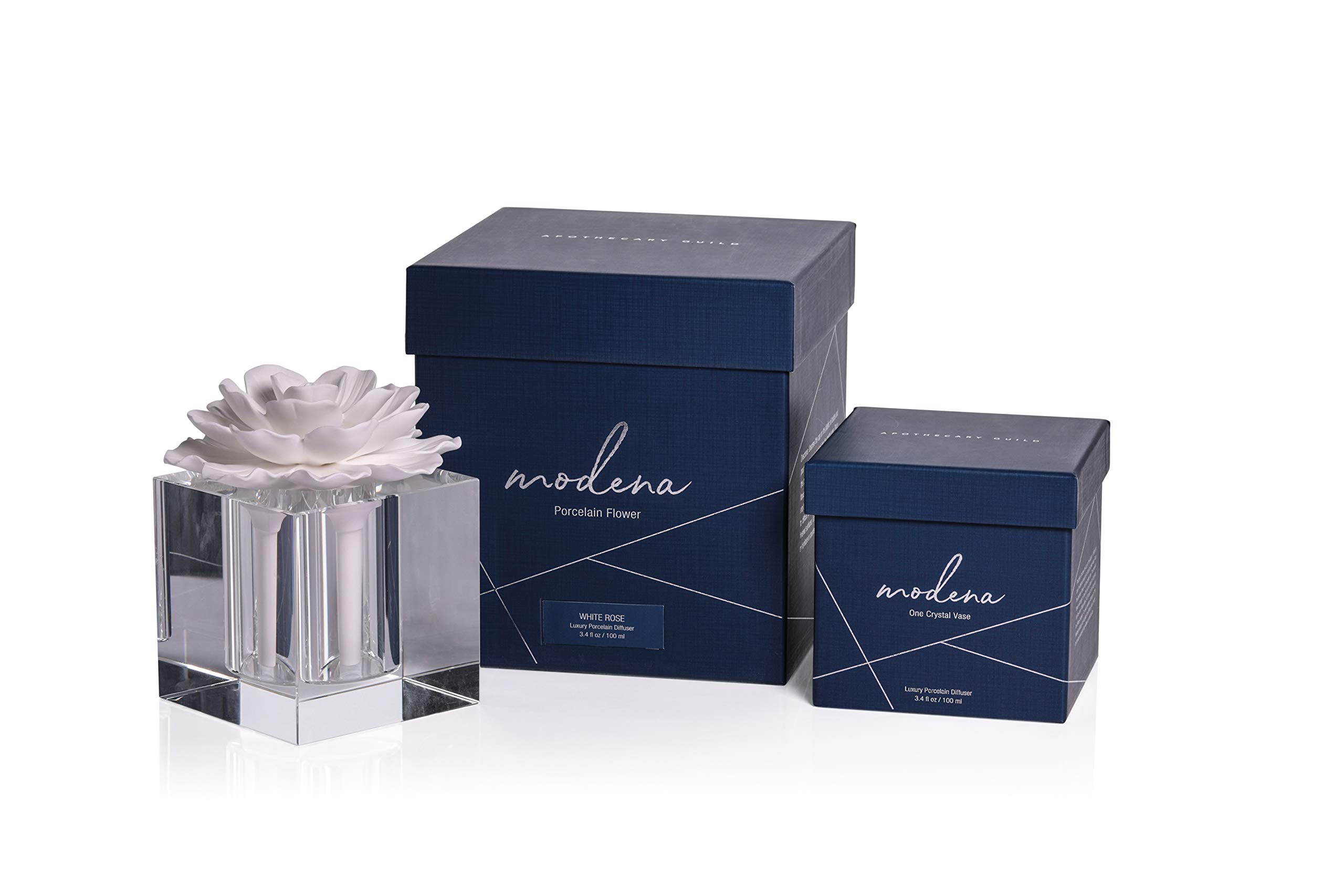 Zodax Modena Large Rose Scented Diffuser Oil Gift Set - White & Clear Glass - Perfect for Home, Office, and Spa Aromatherapy