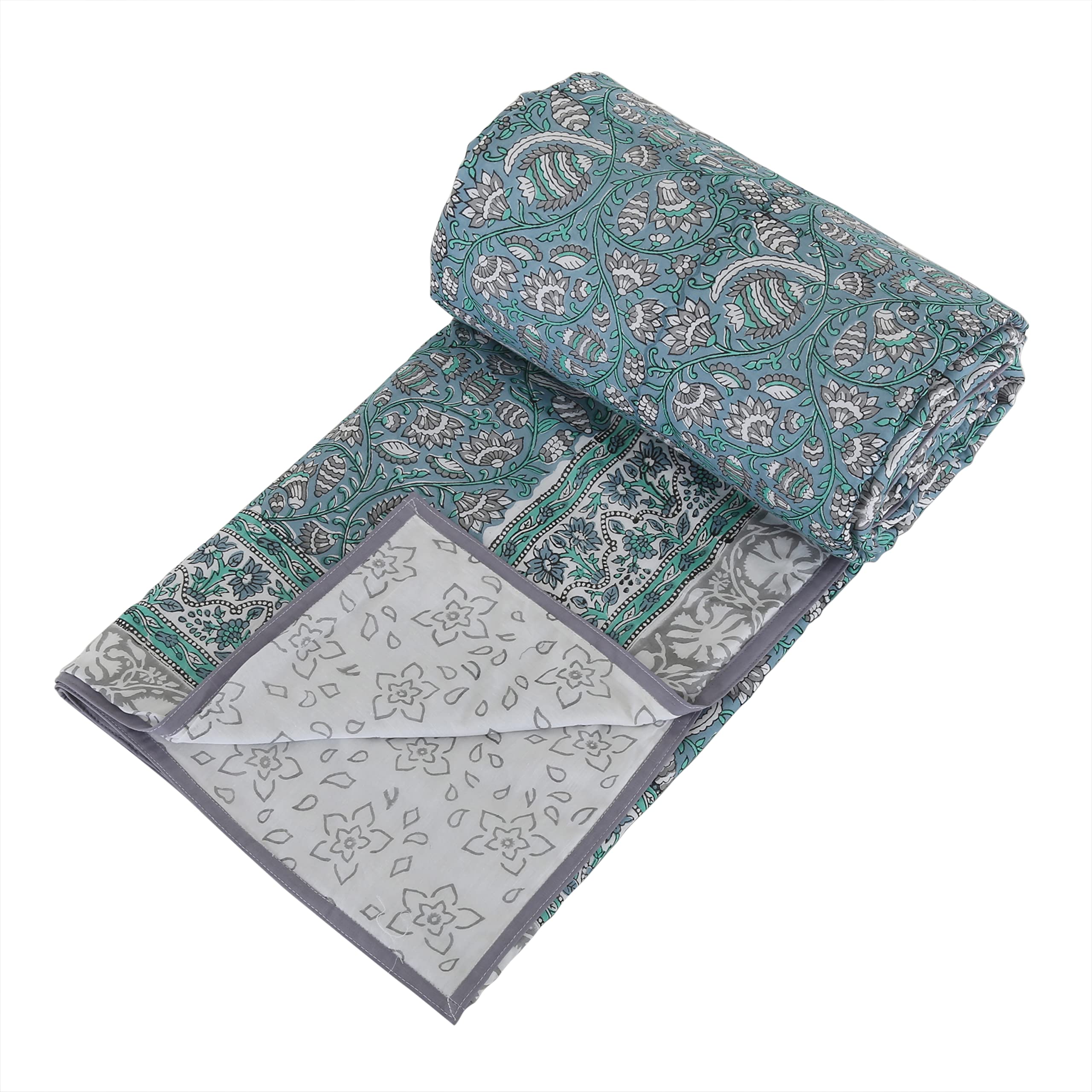 Reversible 100% Cotton Lightweight Blanket - Indian Style Throw for AC & All Seasons (90x108 Inches, GreyGreenNet) | Perfect for Sofa, Bed, Travel & Outdoor Picnics