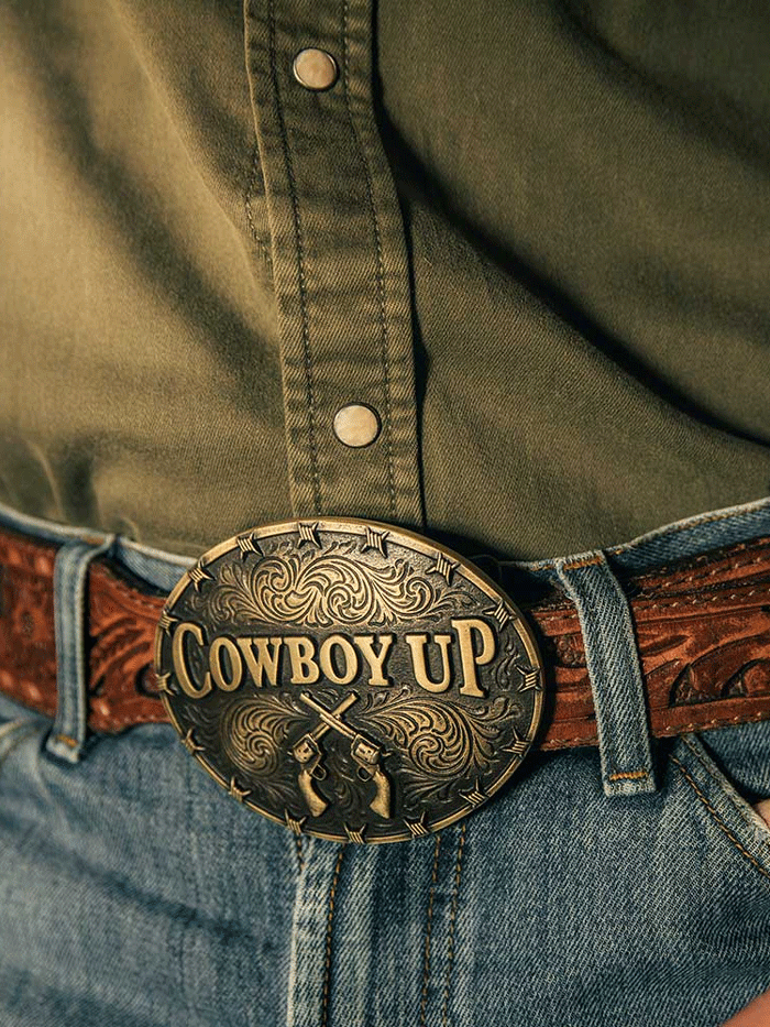 Montana Silversmiths A1007C Cowboy Up Attitude Brass Belt Buckle - Western Style for Rodeo, Country Music & Cowboy Fashion Accessories