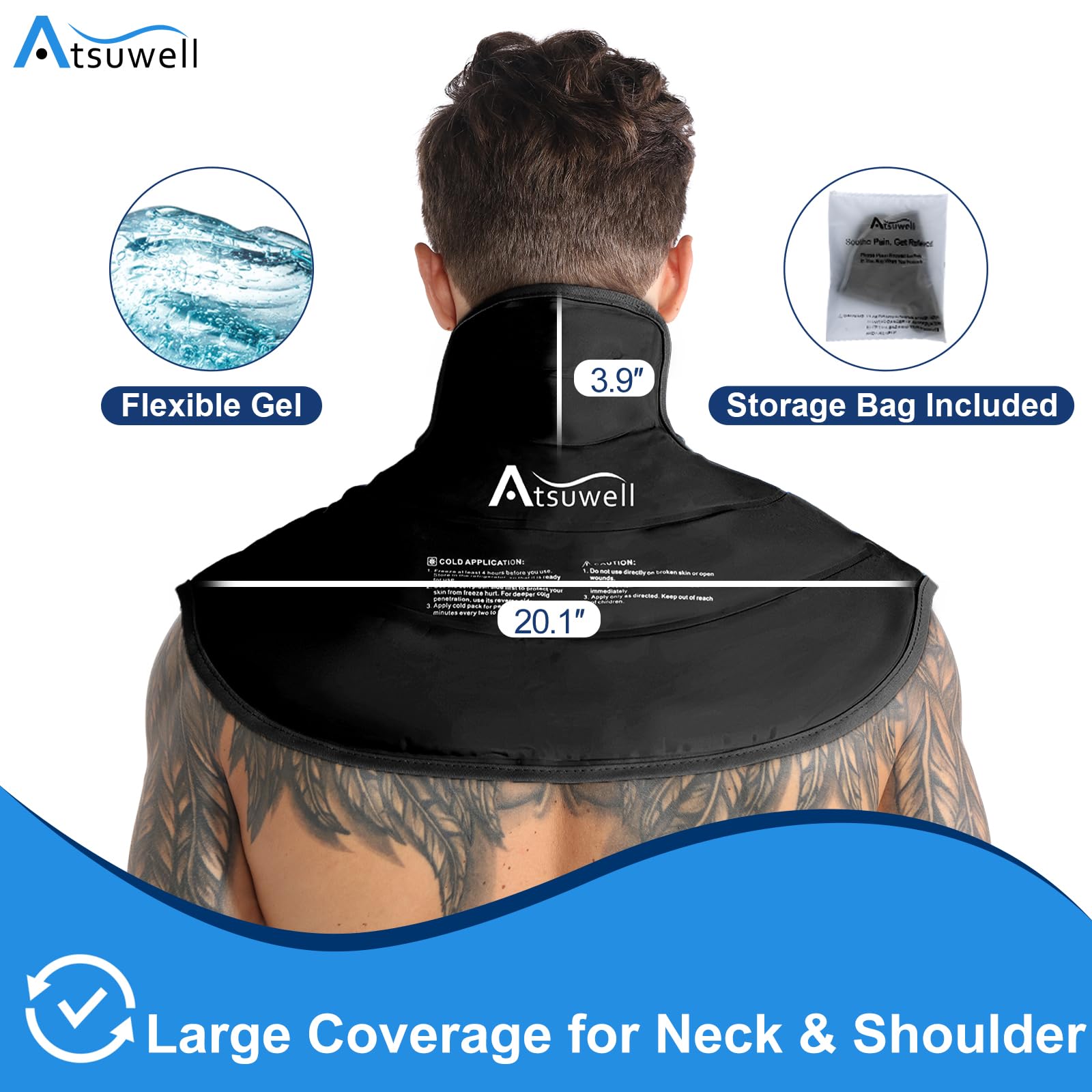 Atsuwell Reusable Gel Ice Pack Wrap for Neck & Shoulders - Cold Compression Therapy for Upper Back Pain Relief - Flexible Neck Shoulder Pad for Men & Women (Black) - Perfect for Sports Injuries, Migraines & Post-Surgery Recovery