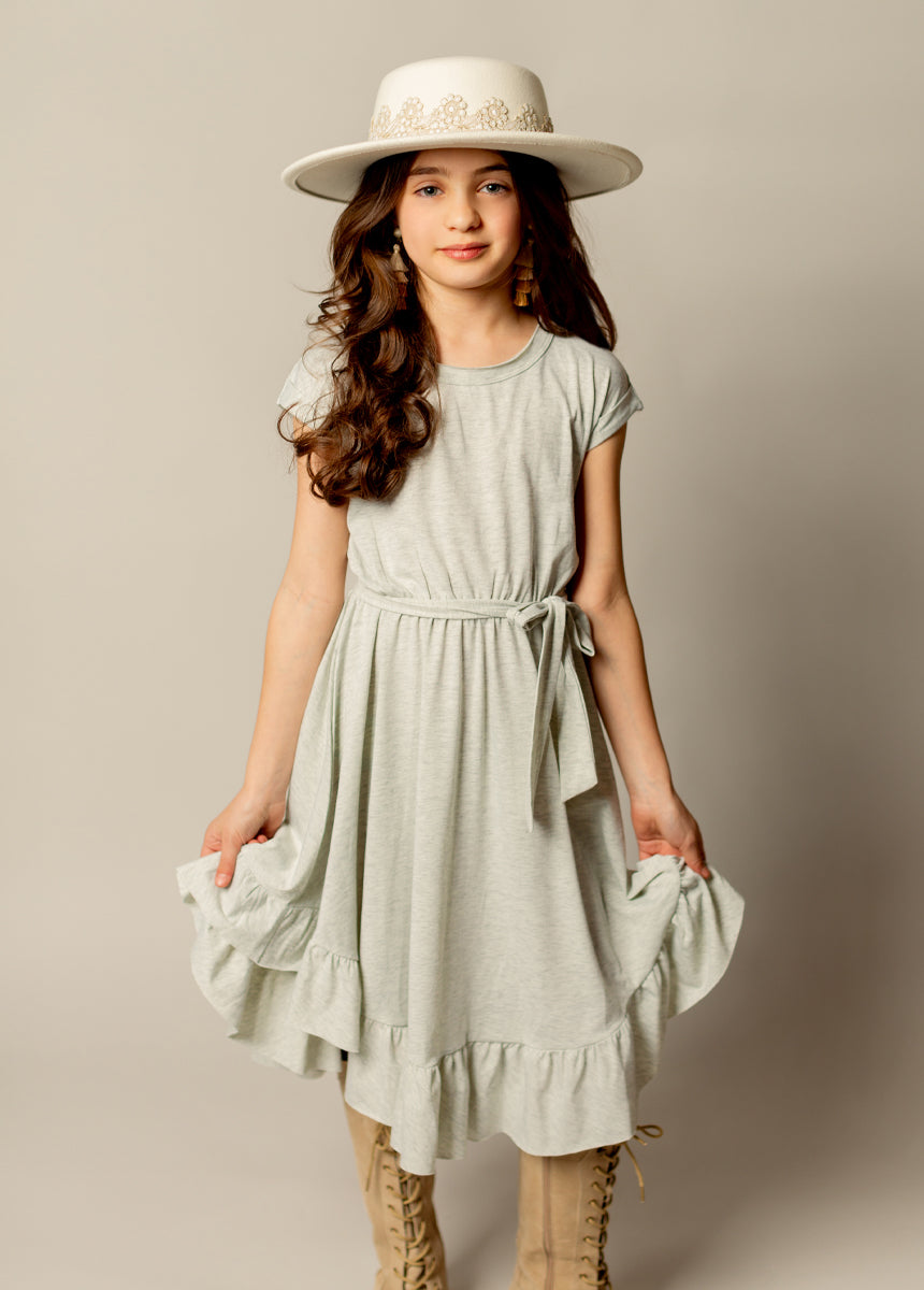 Amoura Dress in Heather Cloud - Elegant Casual Midi Dress for Women | Perfect for Office, Date Night & Summer Outings
