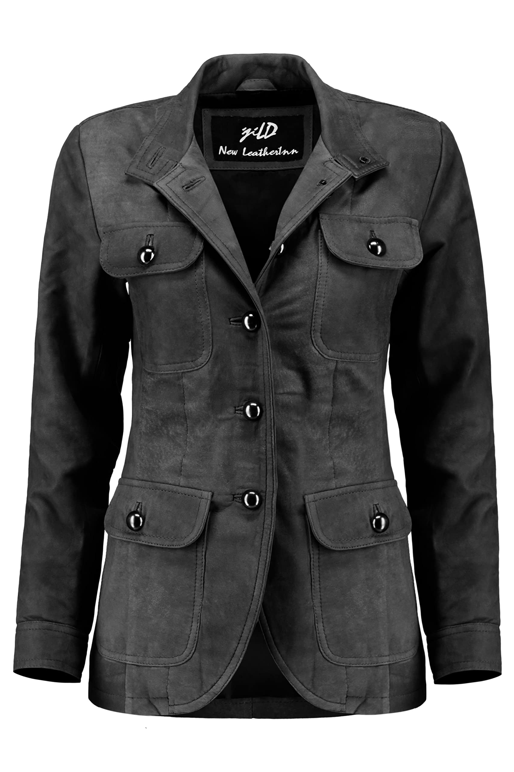 Vintage Suede Look Women's Leather Blazer with 5 Buttons, Four Pockets & Double Back Slit - Elegant Cuff Sleeves Jacket for Office, Dating & Special Occasions