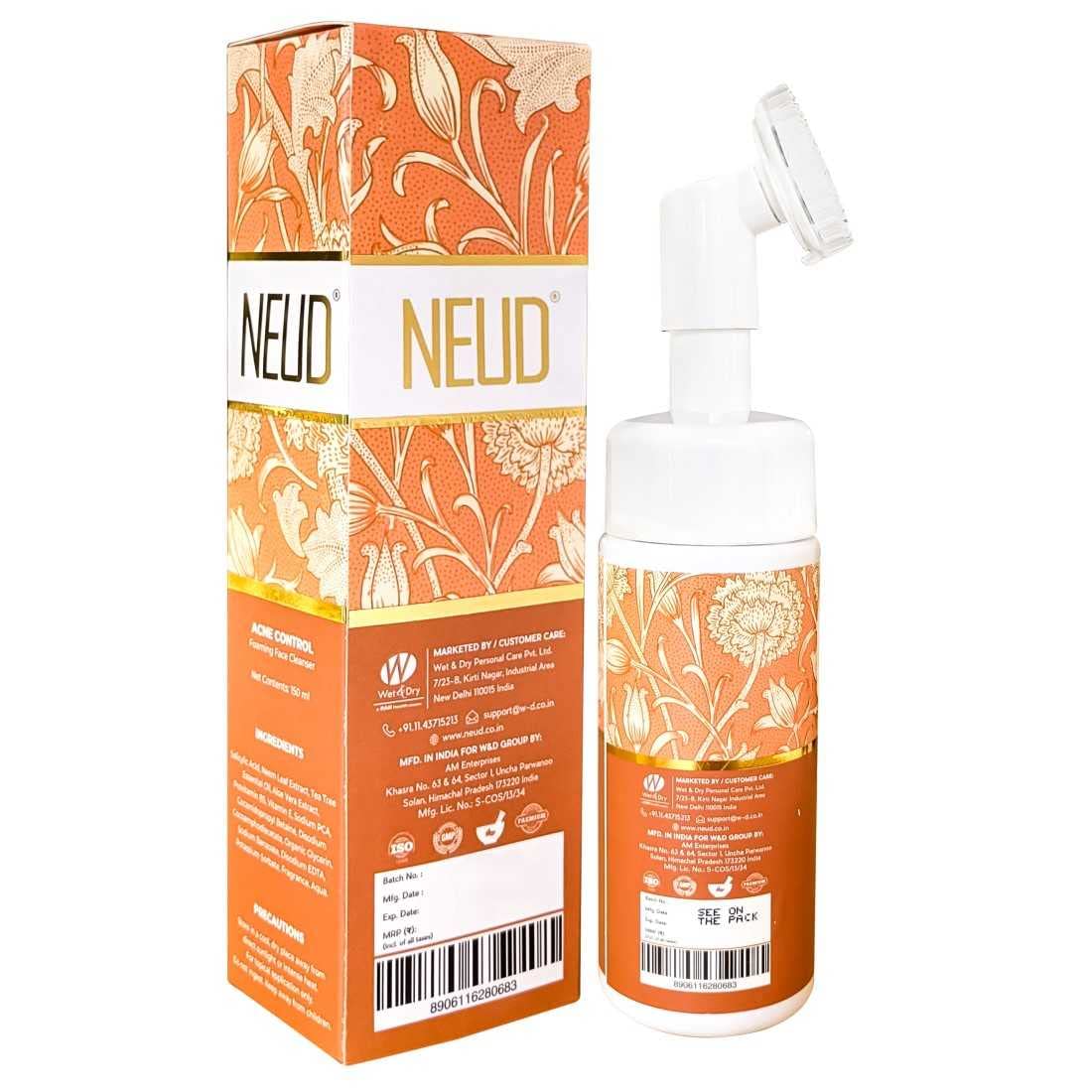 NEUD Acne Control Foaming Face Cleanser with Salicylic Acid, Neem & Tea Tree Oil - 2 Pack (150ml Each) | Gentle Daily Facial Wash for Oily & Acne-Prone Skin | Perfect for Morning & Night Skincare Routine