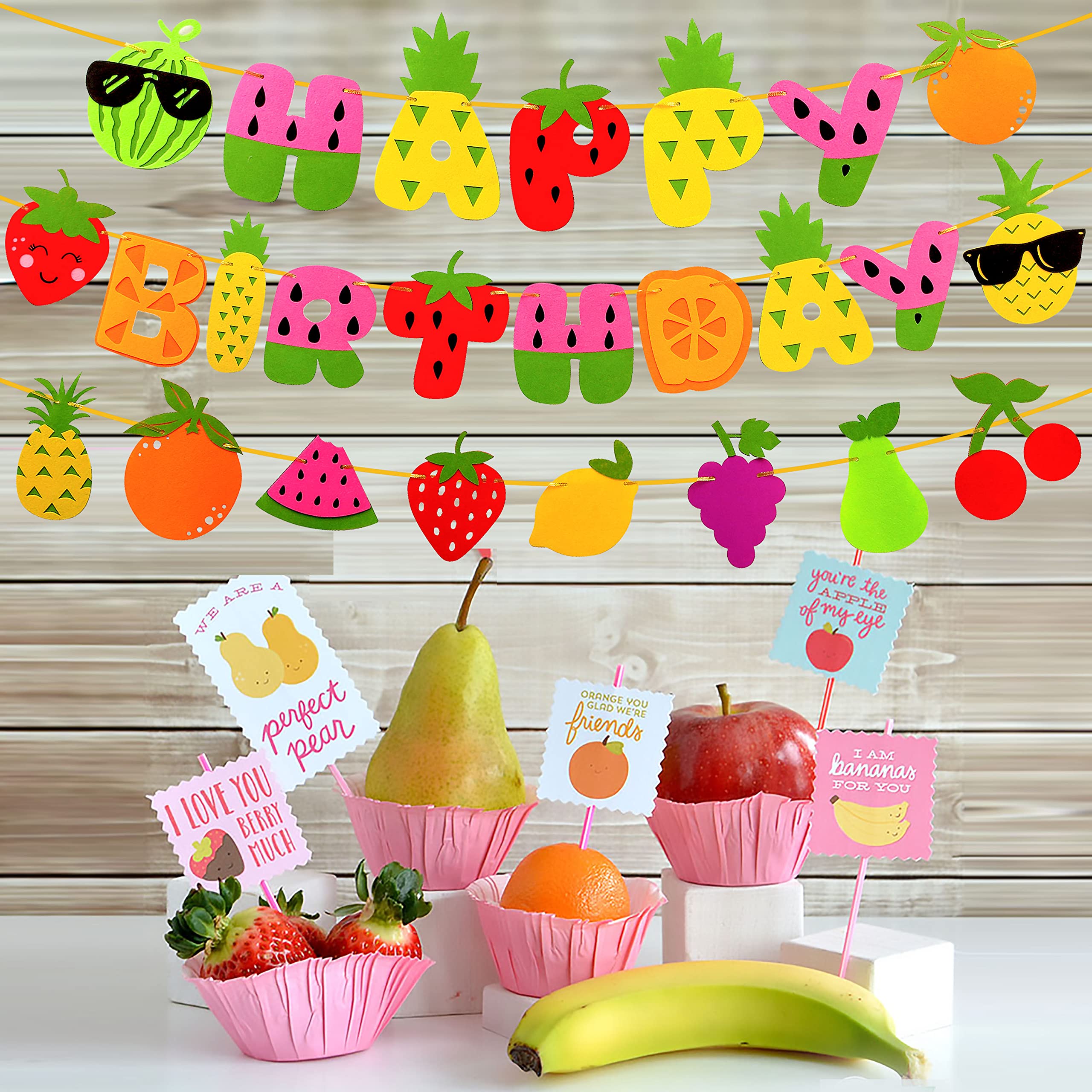 Fruit Theme Birthday Party Decorations - Happy Birthday Felt Banner & Garland with Fruit Patterns for Summer Parties, Baby Showers, Kids Celebrations - Perfect for Indoor and Outdoor Decor