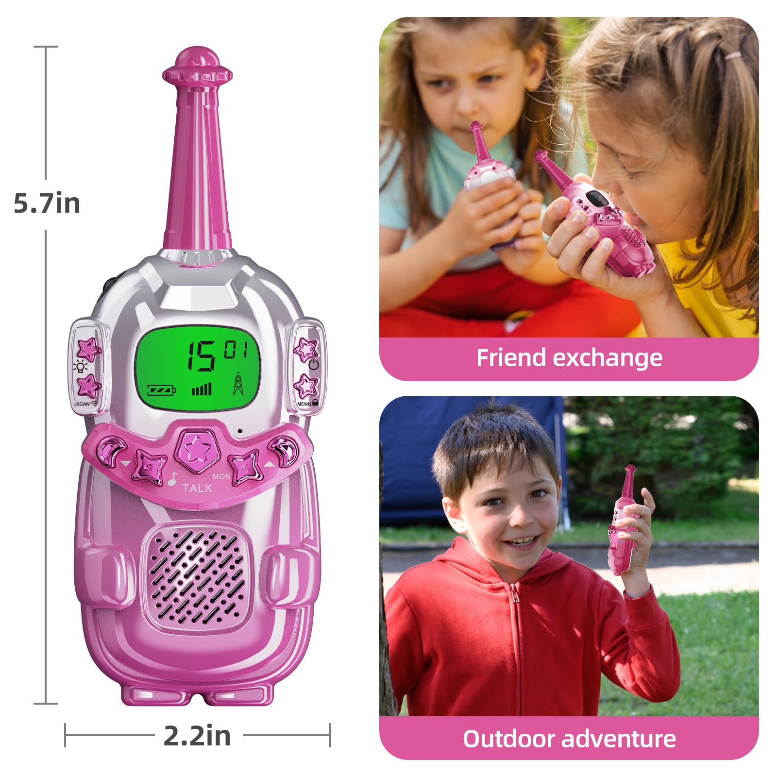 Mini Robot Walkie Talkies for Kids 2 Pack - Kids Walkie Talkies with LCD Backlit Screen & Flashlight, 3KM Long Range - Perfect Birthday Christmas Gift for Boys Girls Age 3-12 - Ideal for Camping, Hiking, Outdoor Adventures & Indoor Play (Pink)