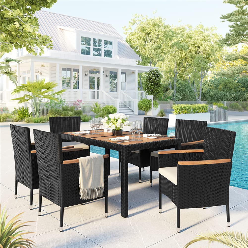 7-Piece Outdoor Sectional Conversation Set with Soft Cushions & Acacia Wood Table - Patio Wicker Furniture Set with Stackable Armrest Chairs - Perfect for Backyard, Garden, Poolside & Outdoor Entertaining