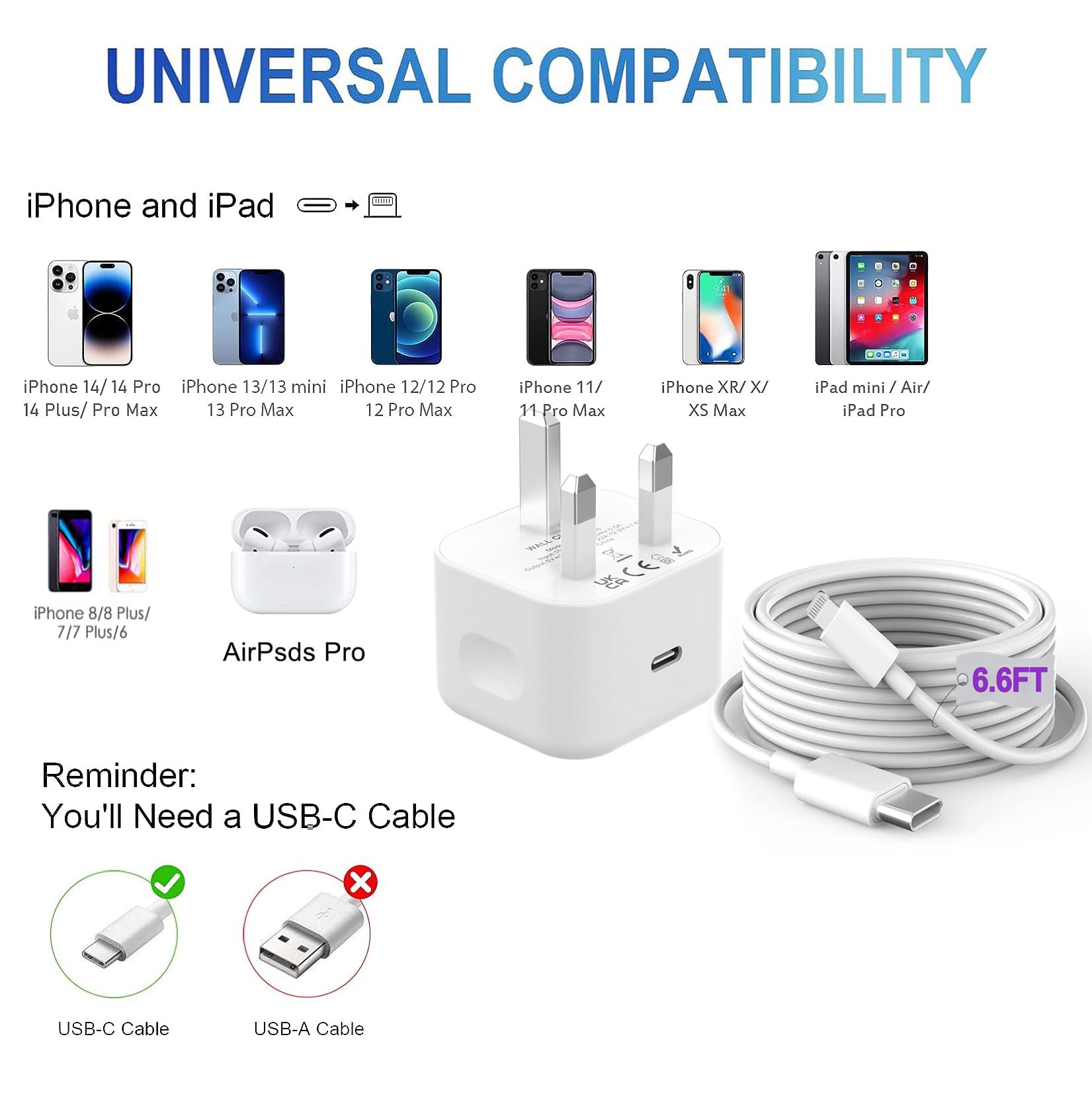 Apple Certified 20W USB-C Fast Charger & 6.6FT Cable - Compatible with iPhone 14/13/12/11 Pro/Pro Max/XS/X - Perfect for Home, Office & Travel Charging