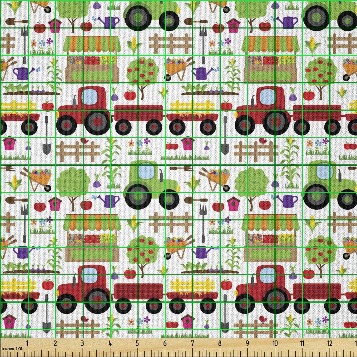 Lunarable Country Themed Fabric by The Yard - Gardening, Farming, Agriculture Print with Fence, Tractor & Vegetables - Red & Green Microfiber Material for DIY Crafts, Home Decor & Sewing Projects (10 Yards) - Perfect for Quilting, Upholstery & Seasonal Decorations