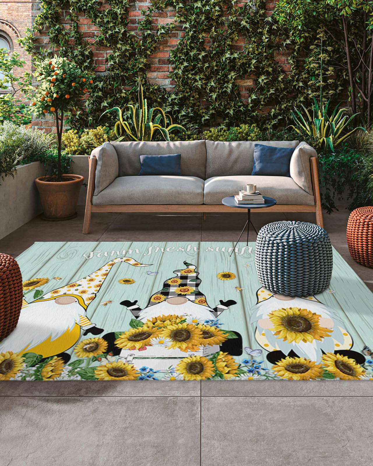 6x9 Feet Waterproof Outdoor Rug - Durable Plastic Straw Carpet for Patio, RV, Trailer, Beach Camping, Backyard & Deck - Sunflower Gnome Design - Perfect for Outdoor Gatherings & Picnics