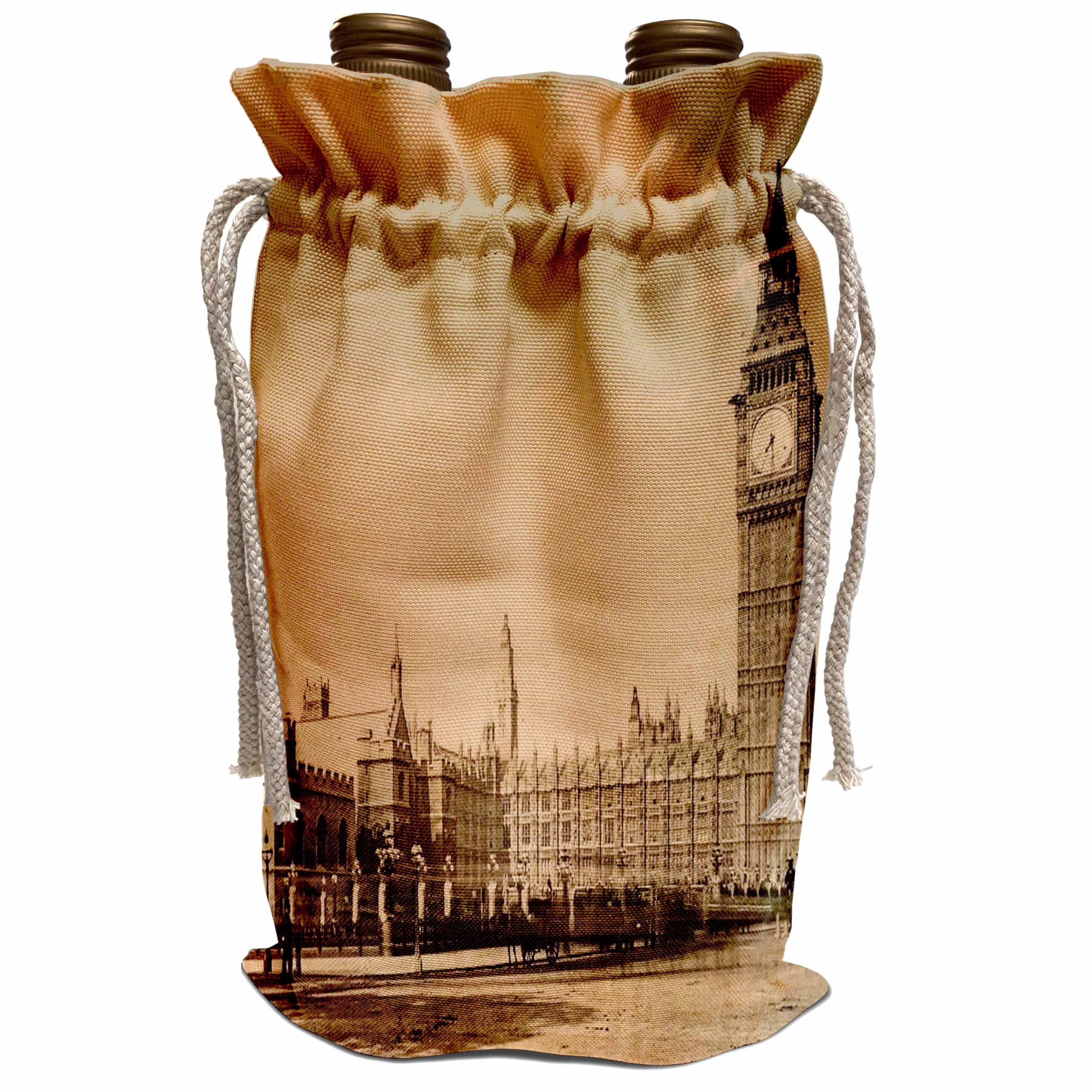 3dRose Wine Tote Bag - Vintage Magic Lantern Slide Design Featuring Victorian Houses of Parliament & Big Ben in London | Perfect for Wine Lovers, Gift Giving & Themed Parties