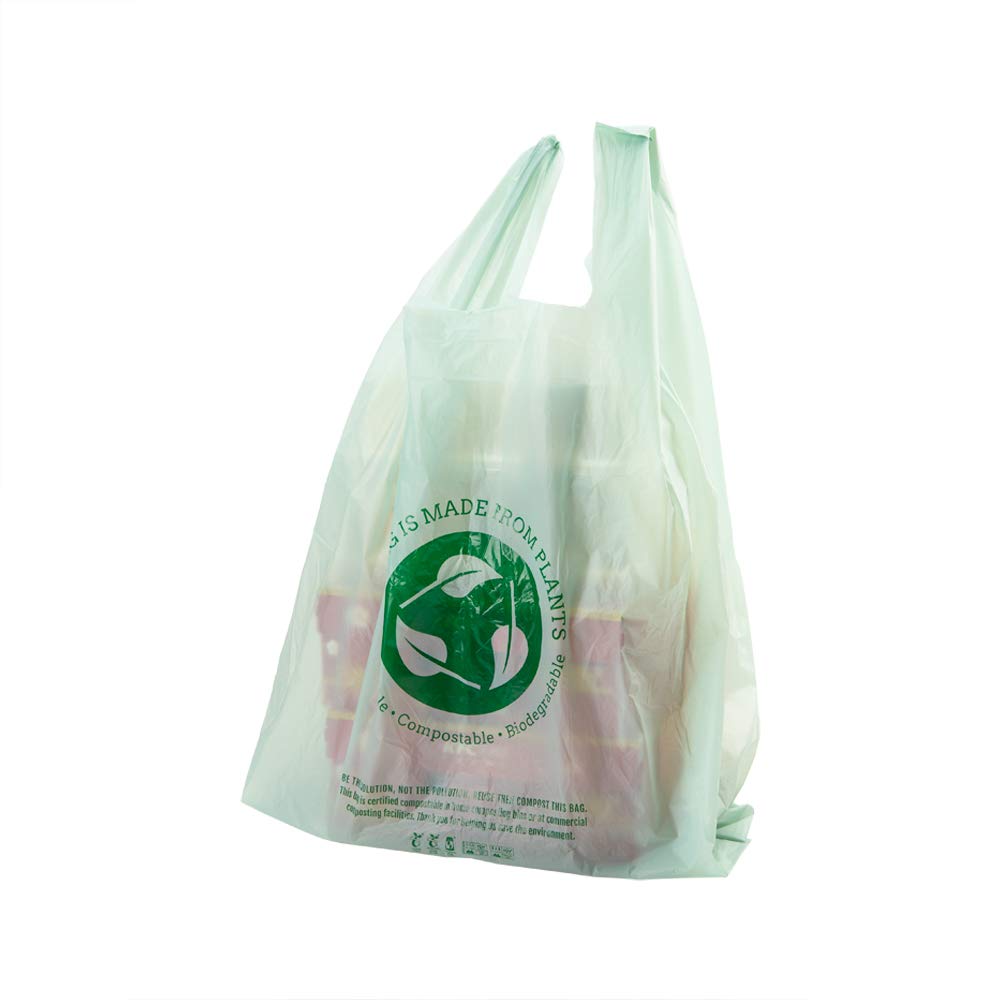Restaurantware 1/6 Size Grocery Bags - 100 Pack Durable Plastic Shopping Bags with T-Shirt Handles | BPI-Certified Eco-Friendly Green Bags for Retail Stores, Supermarkets & Farmers Markets | Perfect for Grocery Shopping, Takeout Orders & Bulk Food Storage