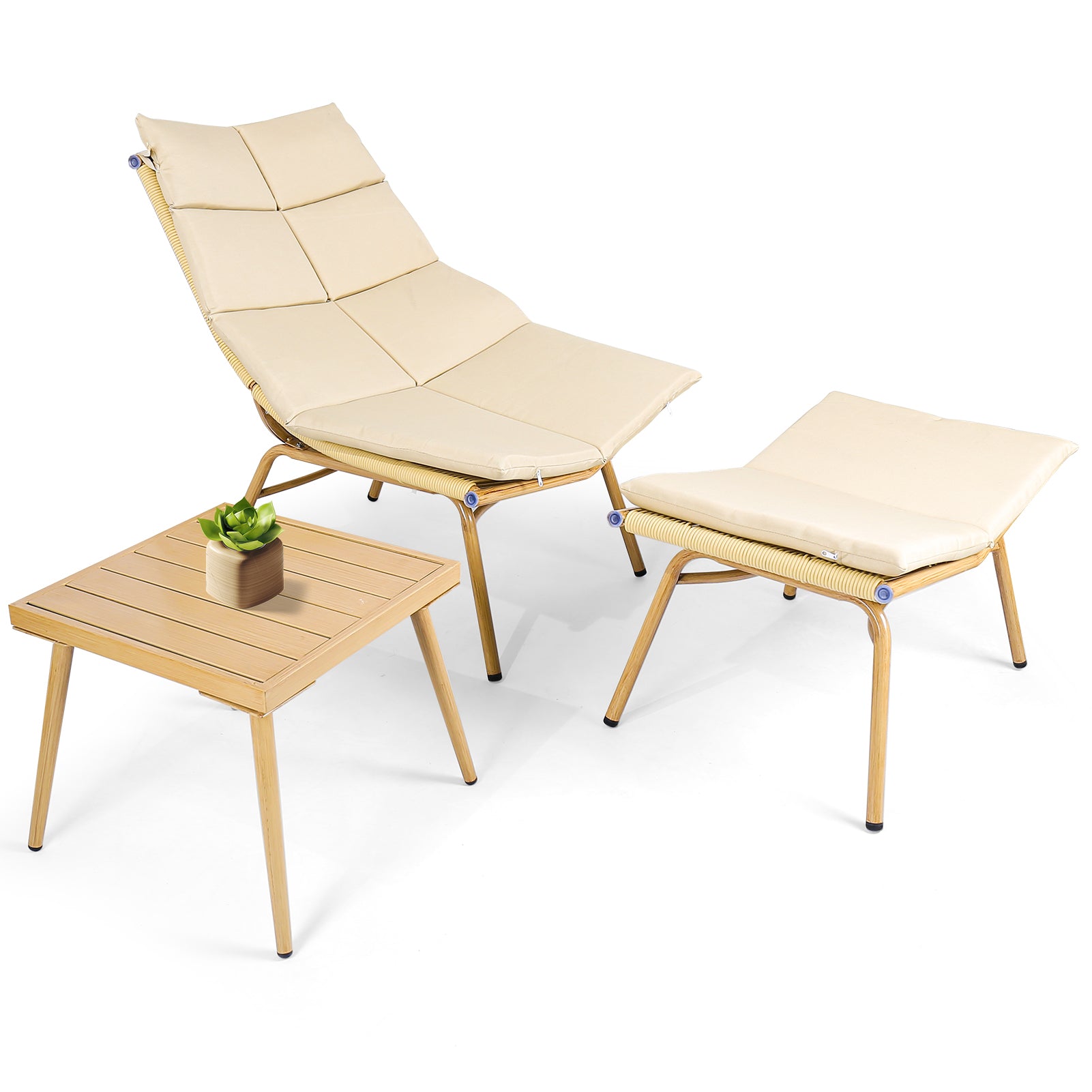 Wooden Chaise Lounge Chair with Side Table - Indoor & Outdoor Alloy Frame Recliner (380lbs Capacity) - Perfect for Camping, Gaming, Lunch Breaks, Garden Parties & Sunbathing
