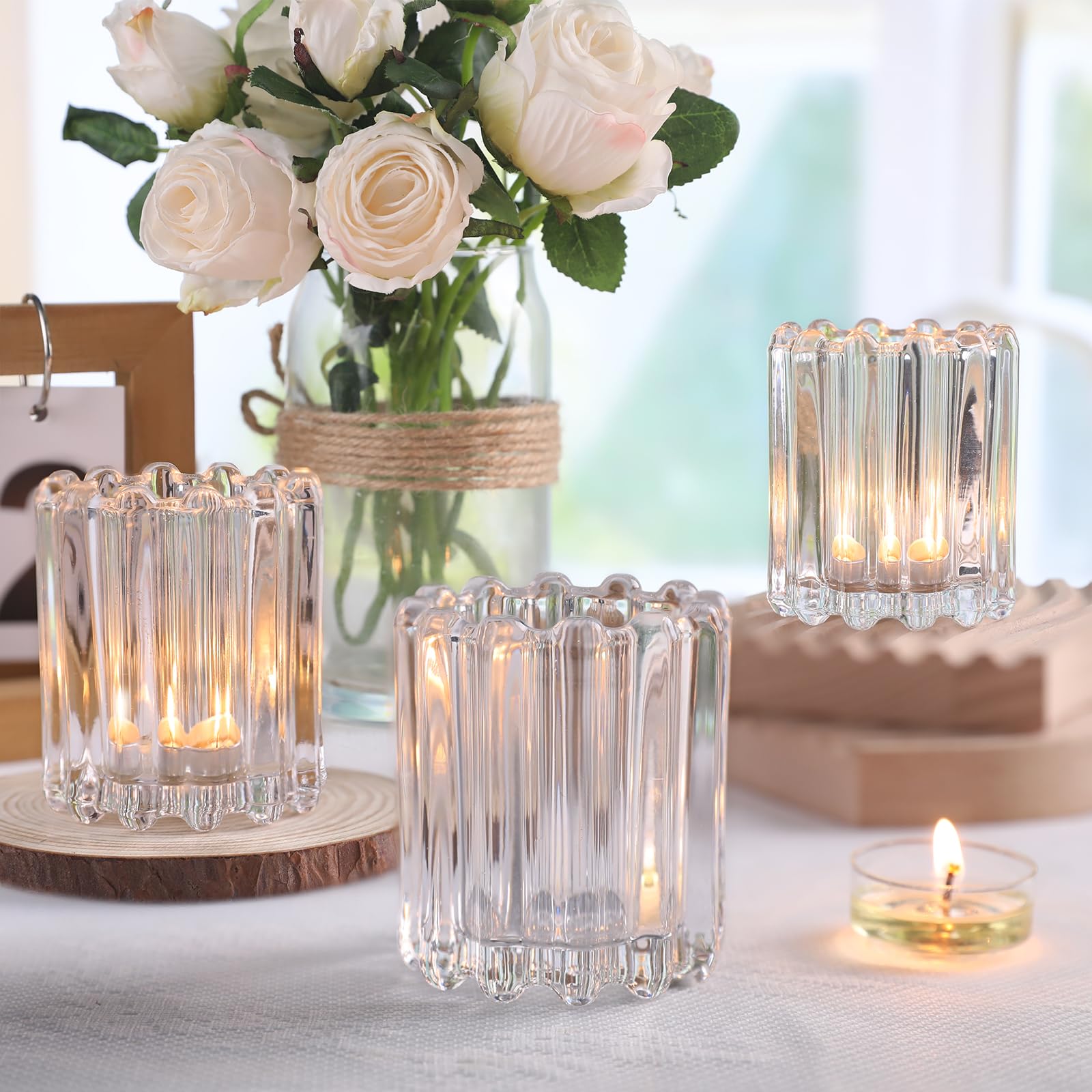 Clear Glass Votive Candle Holders Set of 6 - Ribbed Tealight Candle Holders for Wedding Centerpieces, Dinner Party Table Decor - Perfect for Romantic Ambiance, Holiday Decorations & Home Décor