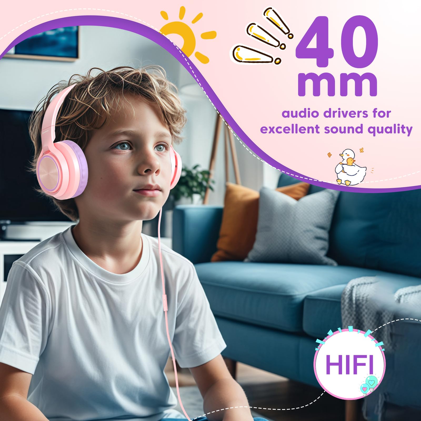 INFURTURE CH5 Kids Headphones with Mic - 94dB Volume Limit, USB-C & 3.5mm Wired On-Ear Headphones for Boys & Girls - Compatible with iPhone, Android, iPad, PC, Kindle - Perfect for School, Travel, Online Classes (Pink)