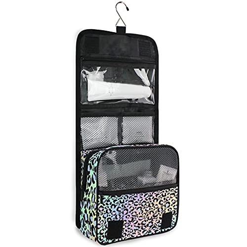 Holographic Leopard Print Hanging Toiletry Bag - Waterproof Travel Makeup Organizer with Clear Pockets for Cosmetics, Toiletries & Essentials | Perfect for Vacation, Gym, Camping & Business Trips