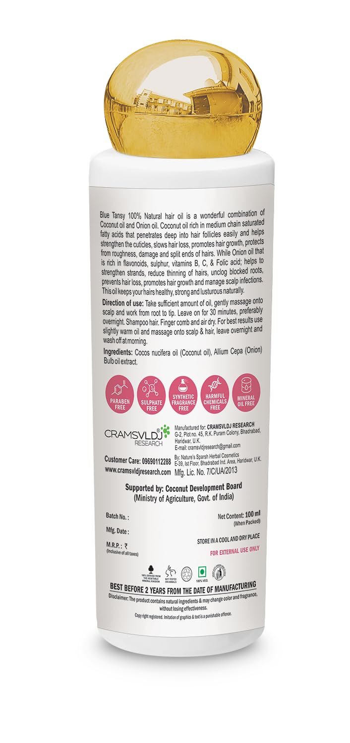Blue Tansy 100% Natural Hair Growth Oil with Coconut & Onion Extract - 100ml | Nourishes Scalp, Reduces Hair Fall & Promotes Shine - Perfect for Dry, Damaged Hair & Daily Hair Care Routine