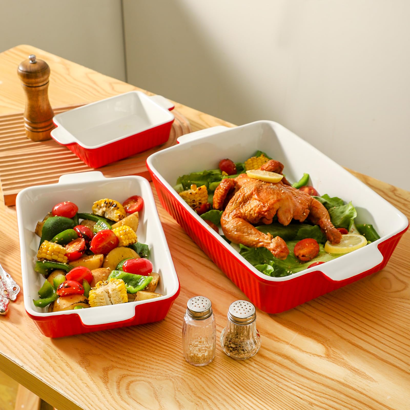 Hasense 3-Piece Ceramic Casserole Dish Set for Oven - Rectangular Baking Pans with Handles (15