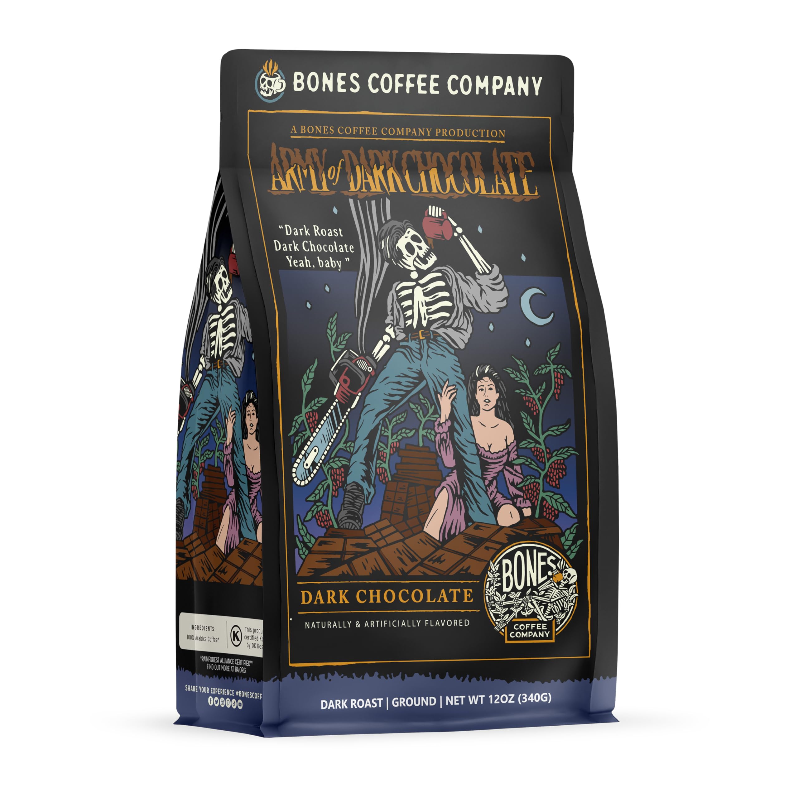 Bones Coffee Company Dark Chocolate Flavored Coffee Beans - Low Acid Dark Roast Ground Coffee (12 oz) | Perfect for Morning Brews, Office Use & Chocolate Lovers