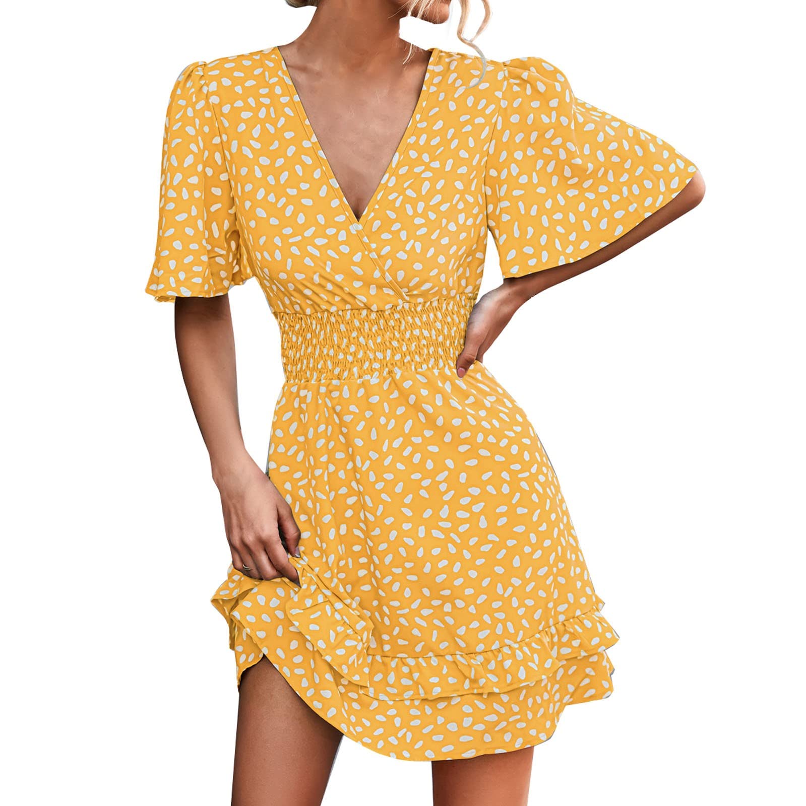 Sexy Black Mini Dress with Dot Print & Ruffle Sleeves - Women's Short Sleeve Party Dress for Beach, Club, and Evening Occasions