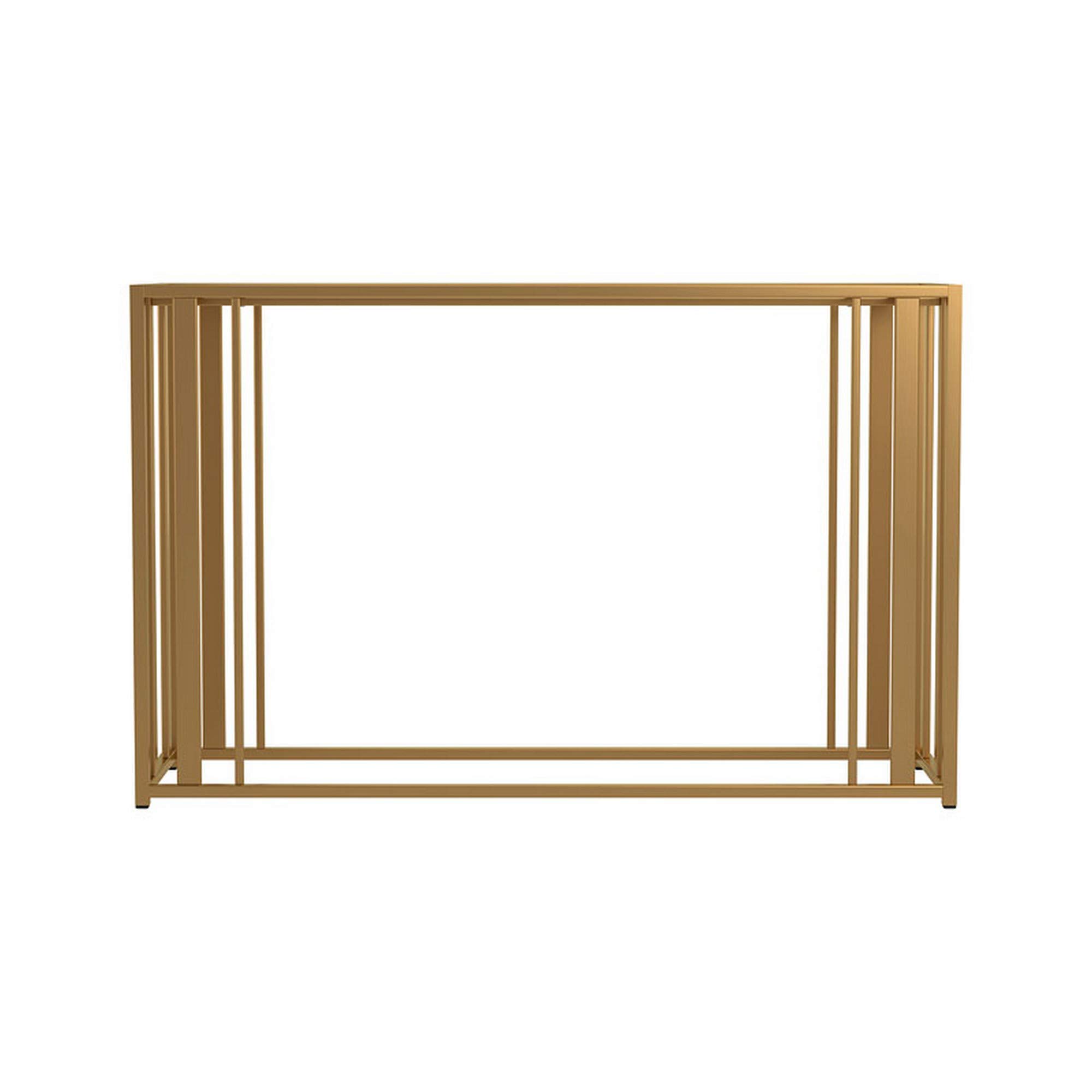 Benjara Modern Glass Top Sofa Table with Sturdy Metal Tubular Base in Brass Finish - Perfect for Living Room, Lounge & Home Decor