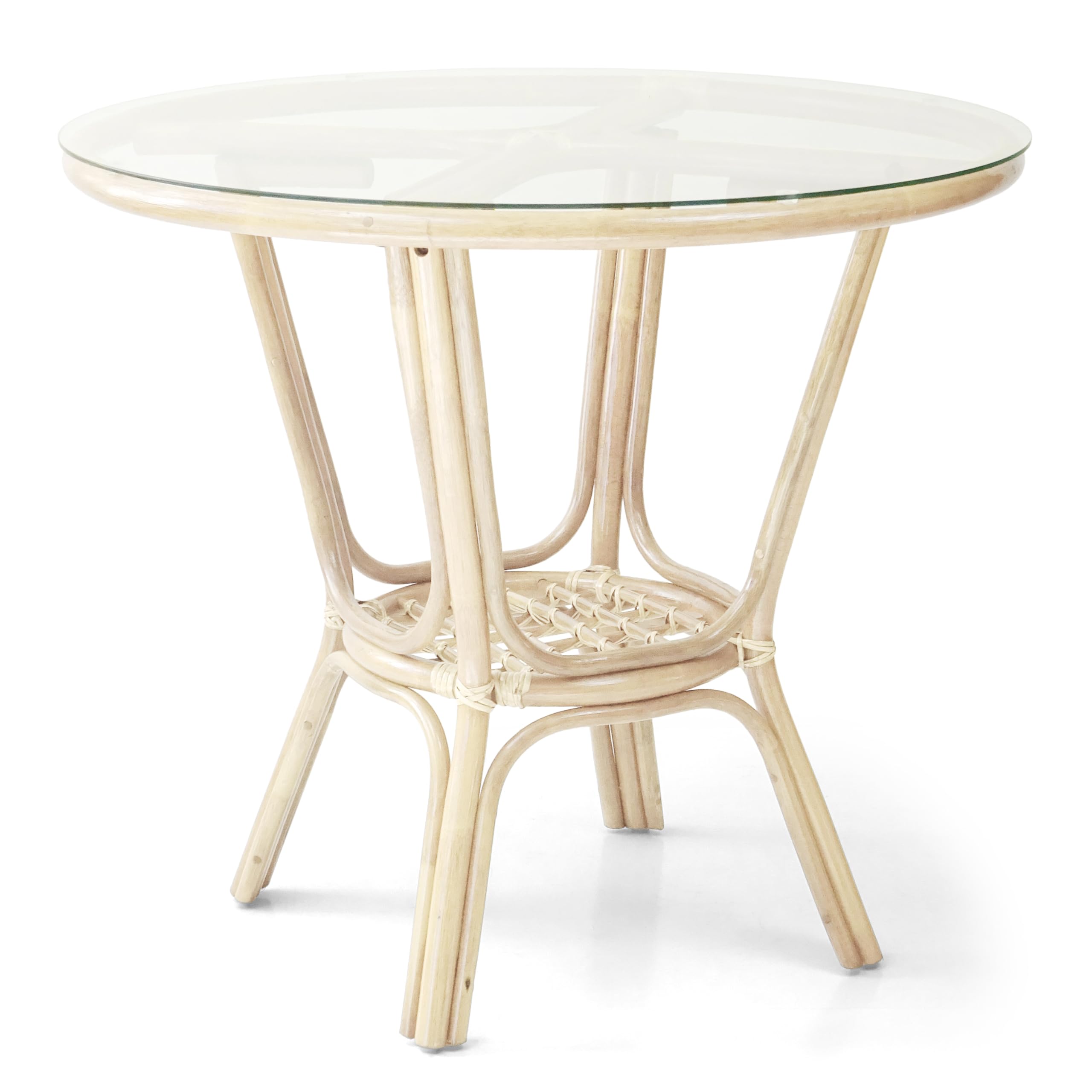 Whitewashed Rattan Wicker Round Dining Table with Tempered Glass Top - Natural Boho Style for Patio, Garden, or Indoor Dining Room Decor