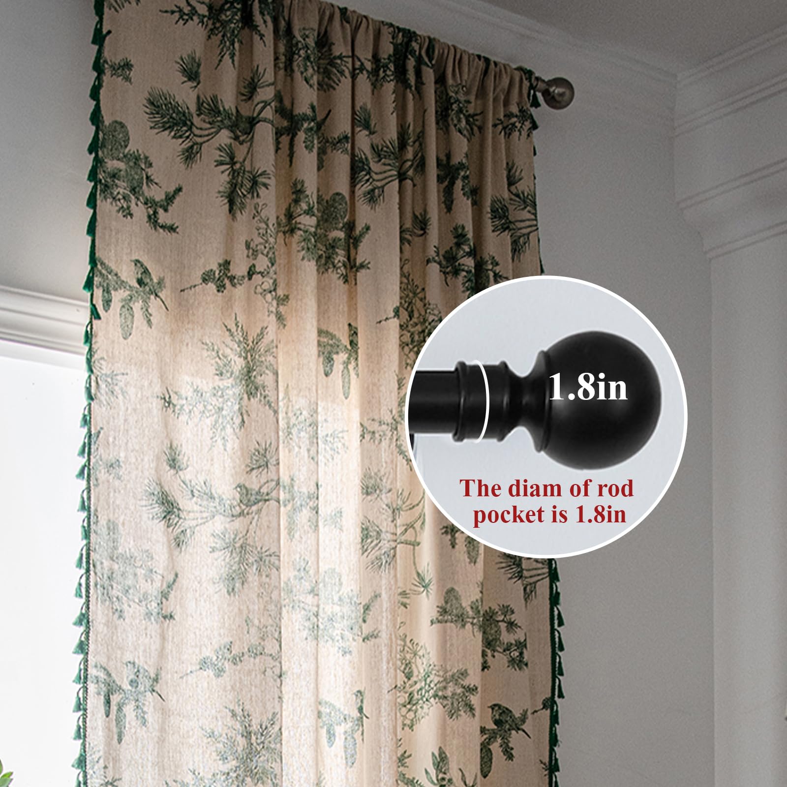 Bohemian Floral Semi-Sheer Cotton Linen Curtains 96 Inch Length - Farmhouse Style with Tassel Trim, Green Botanical Print, Rod Pocket Room Darkening Drapes (2 Panels) for Living Room, Bedroom, Nursery & Boho Home Decor